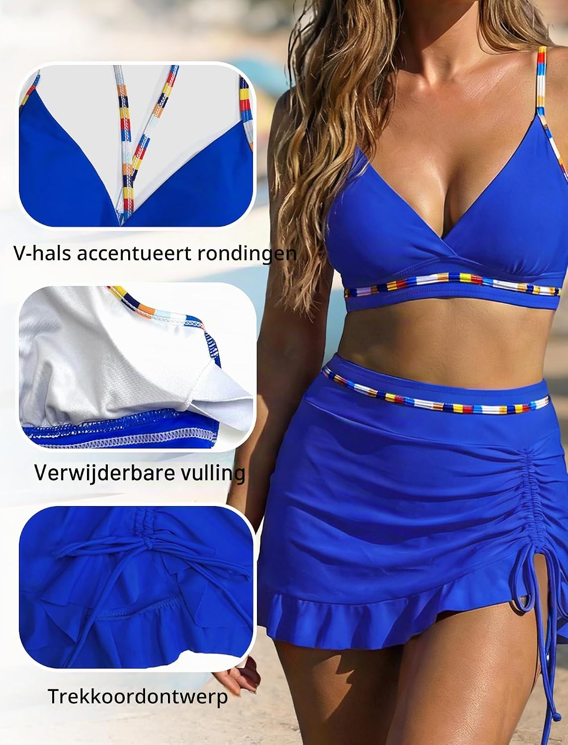 Thumbnail 6 de OUSIMEN bikini met hoge taille, kleurblokken en trekkoord, tweedelig
