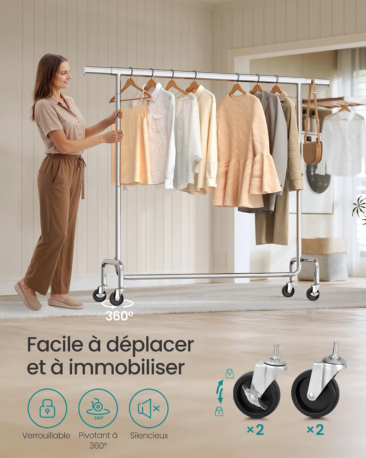 Detalle de SONGMICS HSR11S Porte-vêtements avec roulettes – Tringle extensible, 130 kg, acier chromé