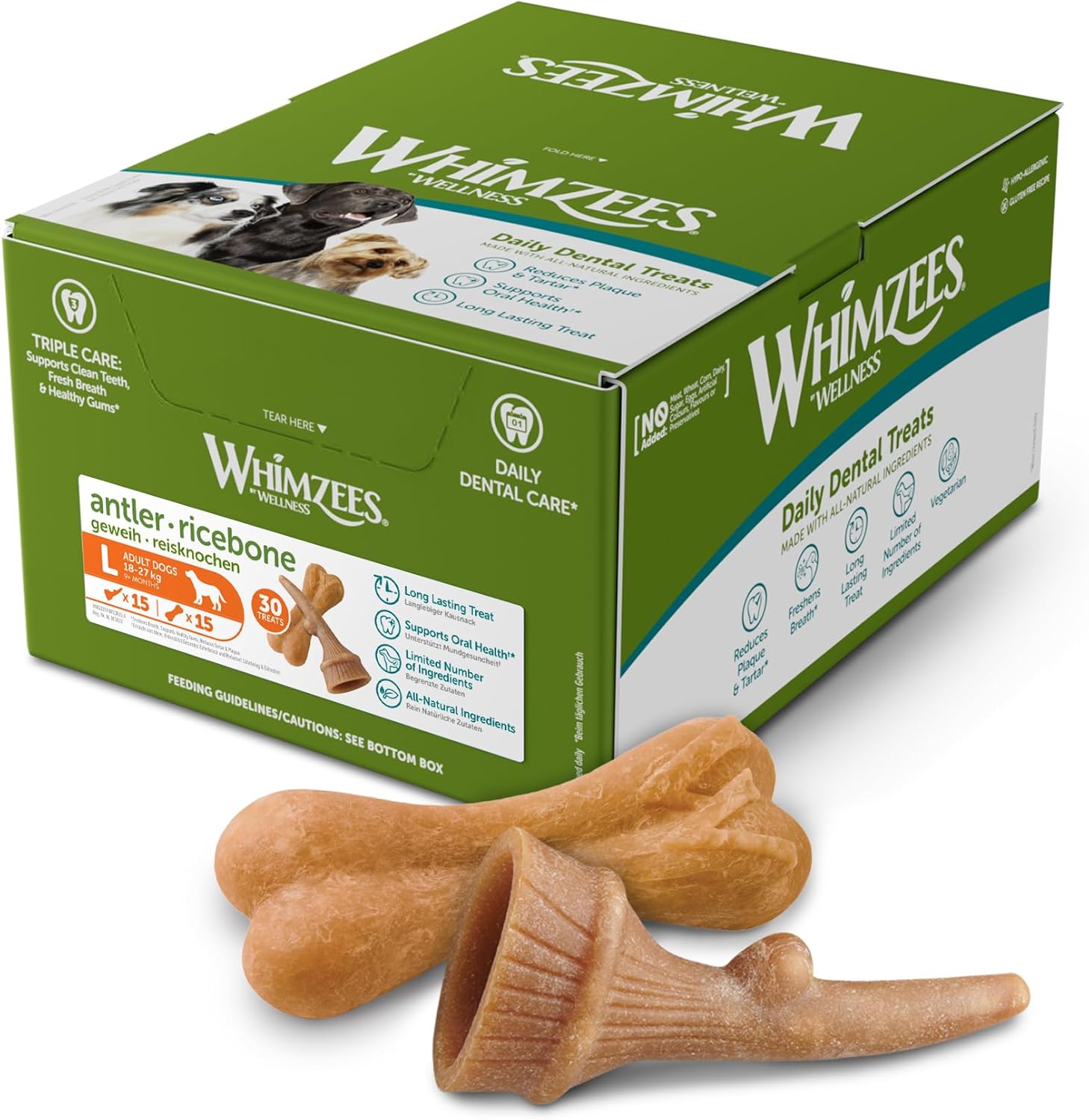 WHIMZEES Box Varietà L, 30 Pezzi – Snack naturali per cani di taglia grande, senza cereali e senza zuccheri aggiunti