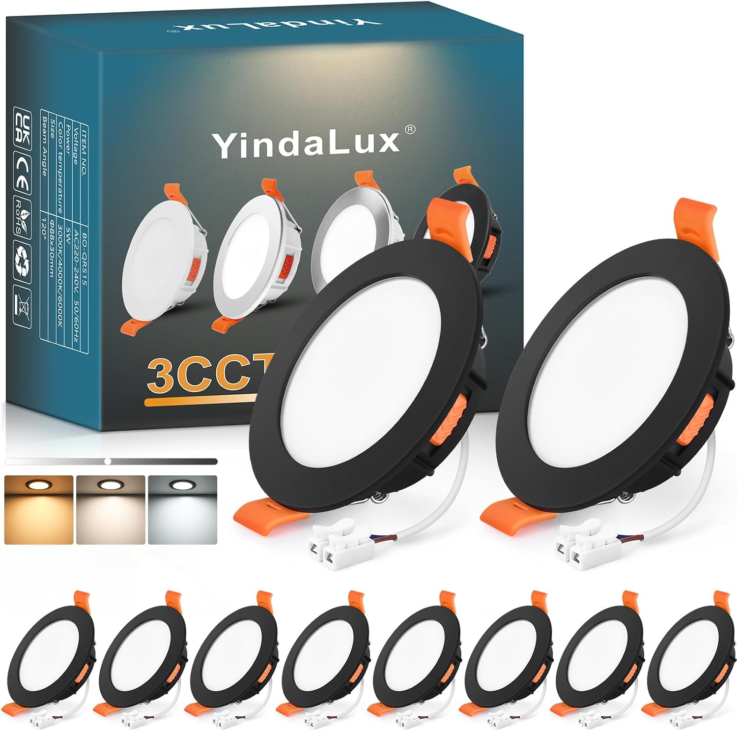 Detalle de YindaLux Einbaustrahler LED 230V dimmbar 5W (10er-Set) in Schwarz, IP44, 3CCT
