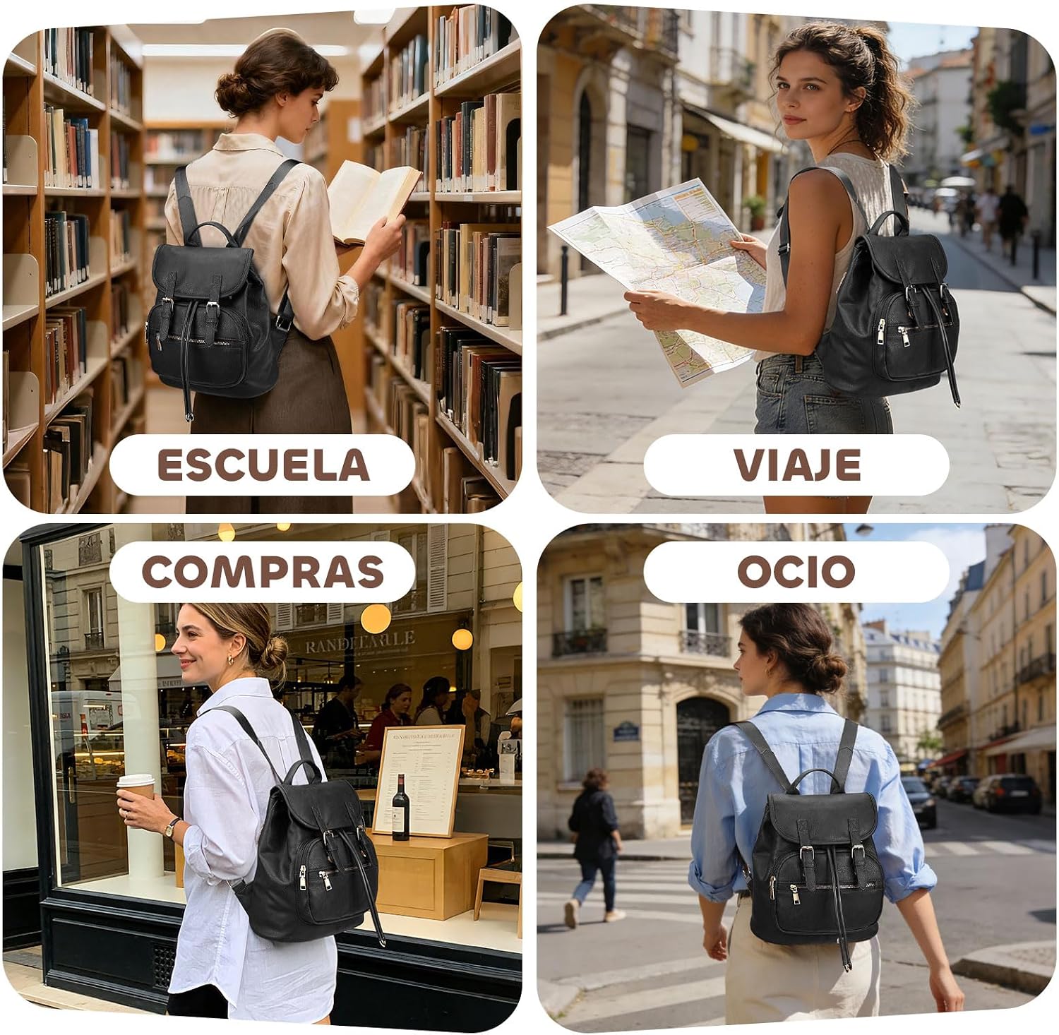 Detalle 2 de Leathario Mochila Mujer Cuero PU multibolsillos 32x14,6x35 cm