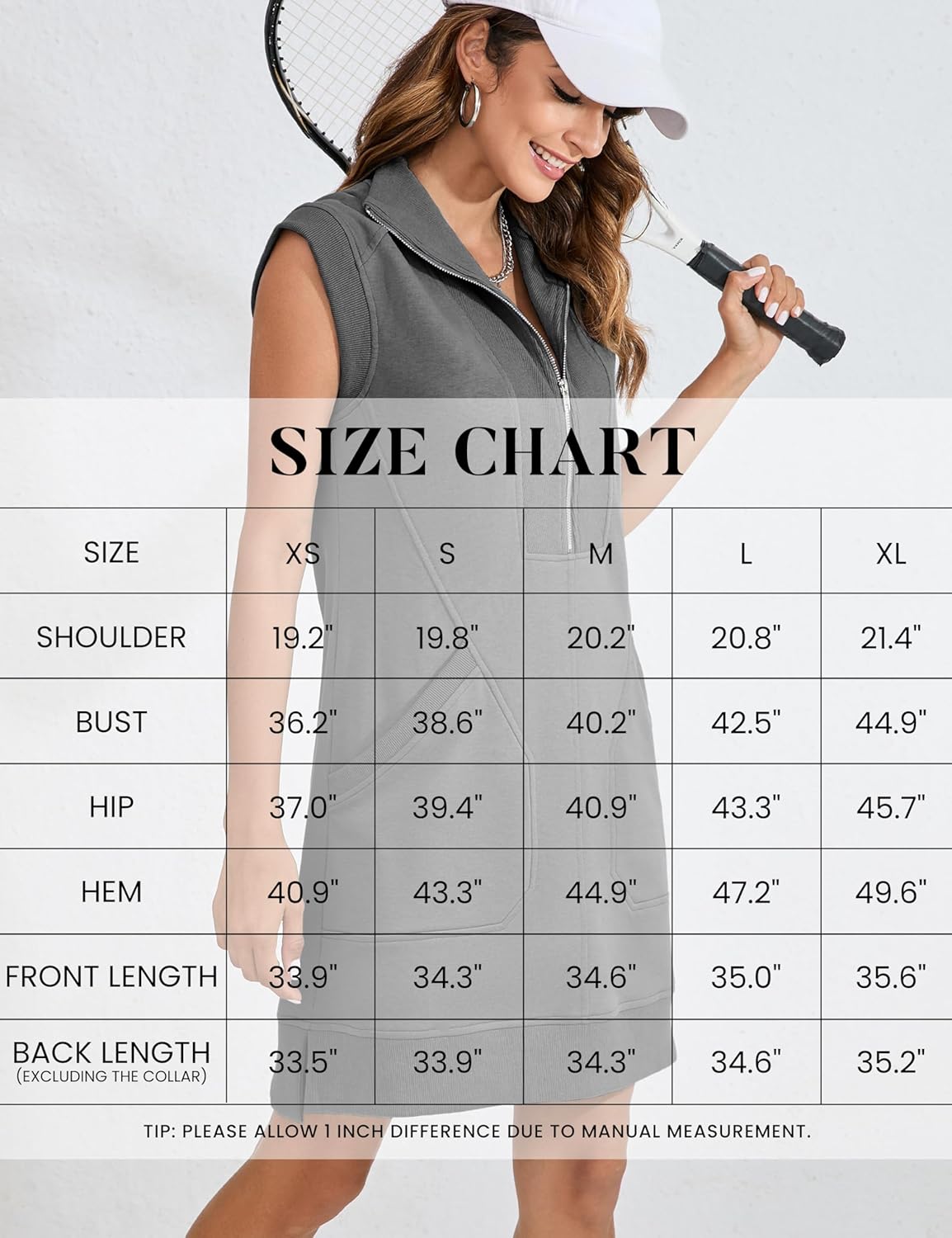 Detalle de Qiaomai Women's Half Zip Sweatshirt Dress: Relaxed Summer Tunic with Pockets