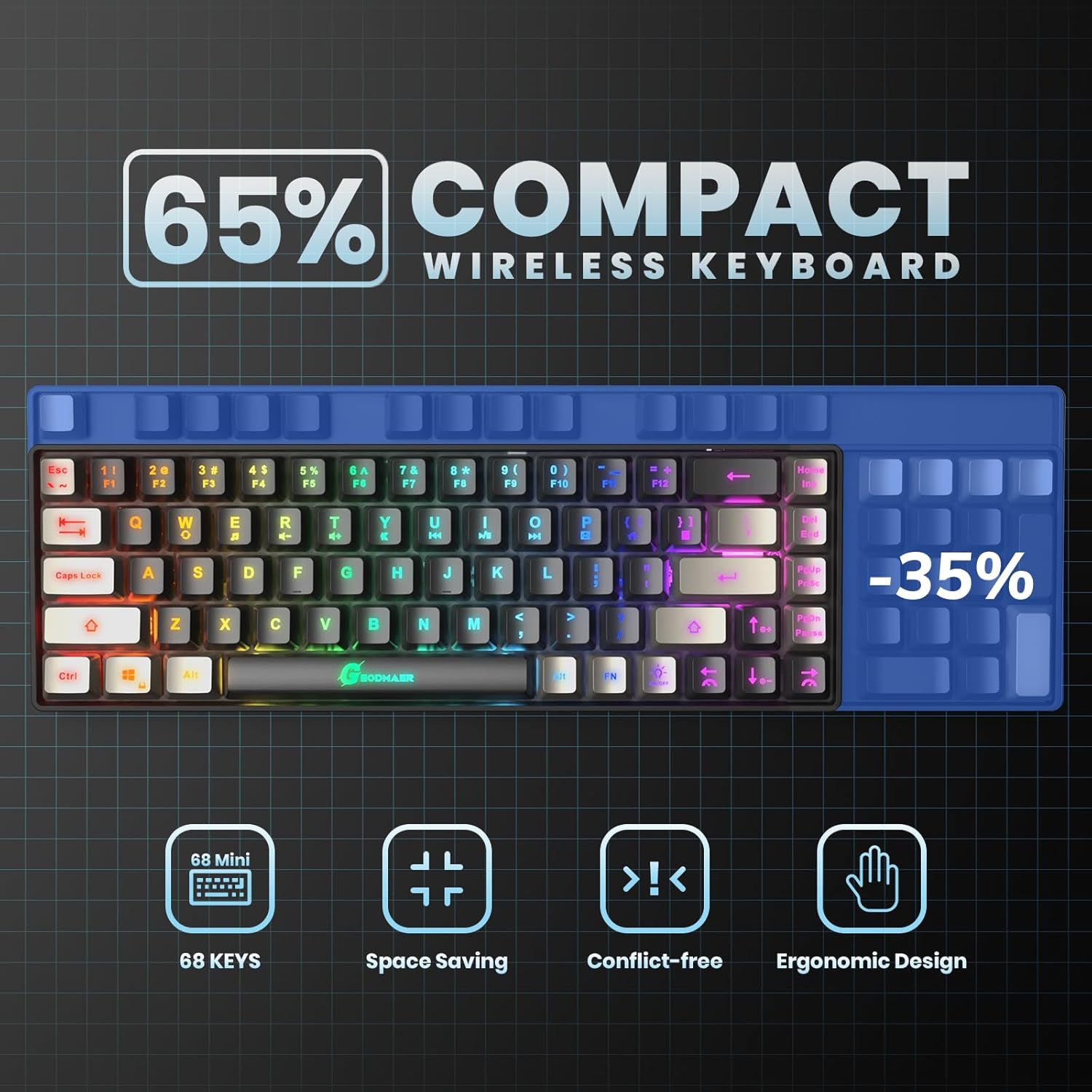 Thumbnail 3 de GEODMAER 65% Gaming Keyboard (68 Keys) with LED Backlit, Wired USB-C, Anti-Ghosting