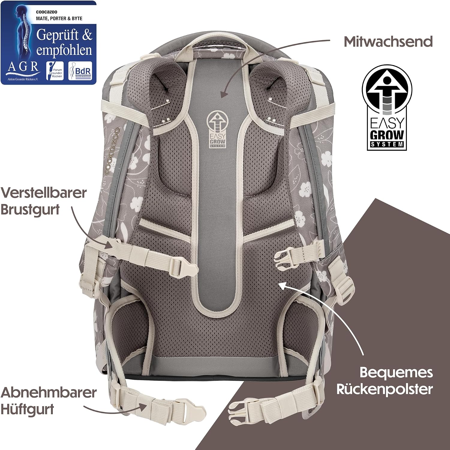 Detalle 2 de Coocazoo Mate Schulrucksack Vanilla Bloom – Ergonomisch, verstellbar und nachhaltig