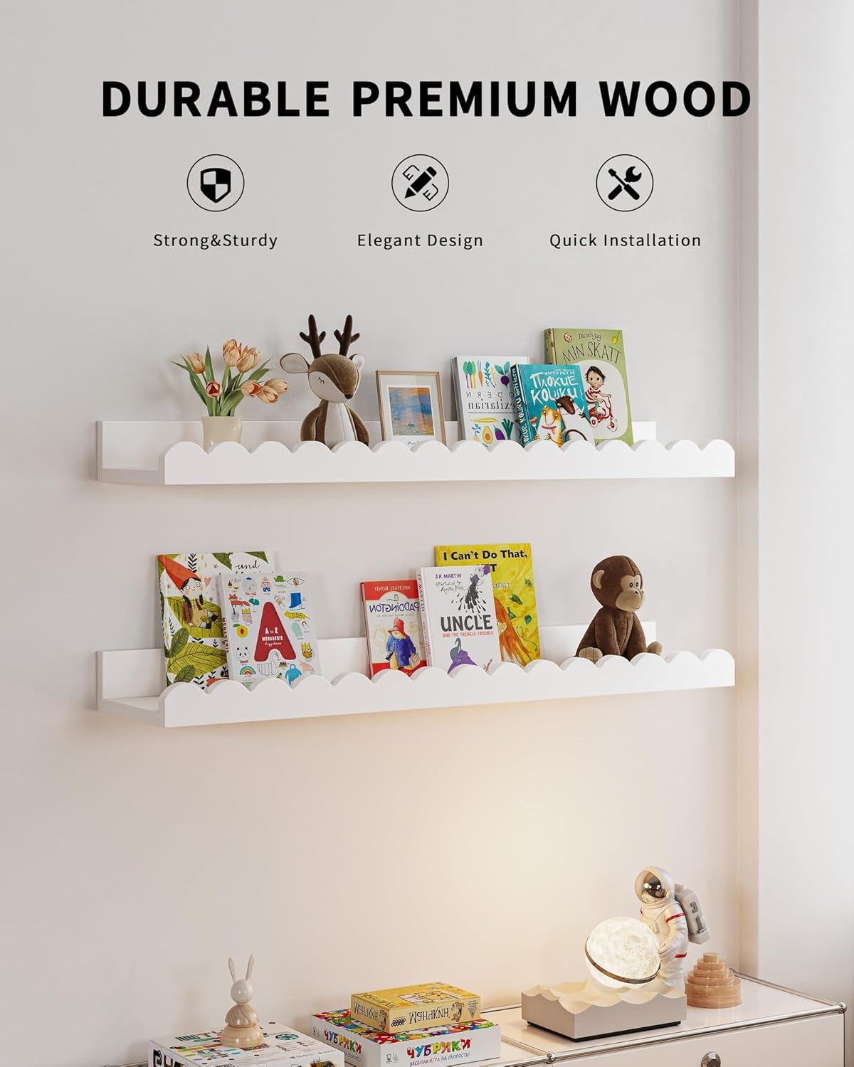 Thumbnail 2 de Shario Nursery Book Shelves 4-Pack White Floating Scalloped Wall Shelves for Kids