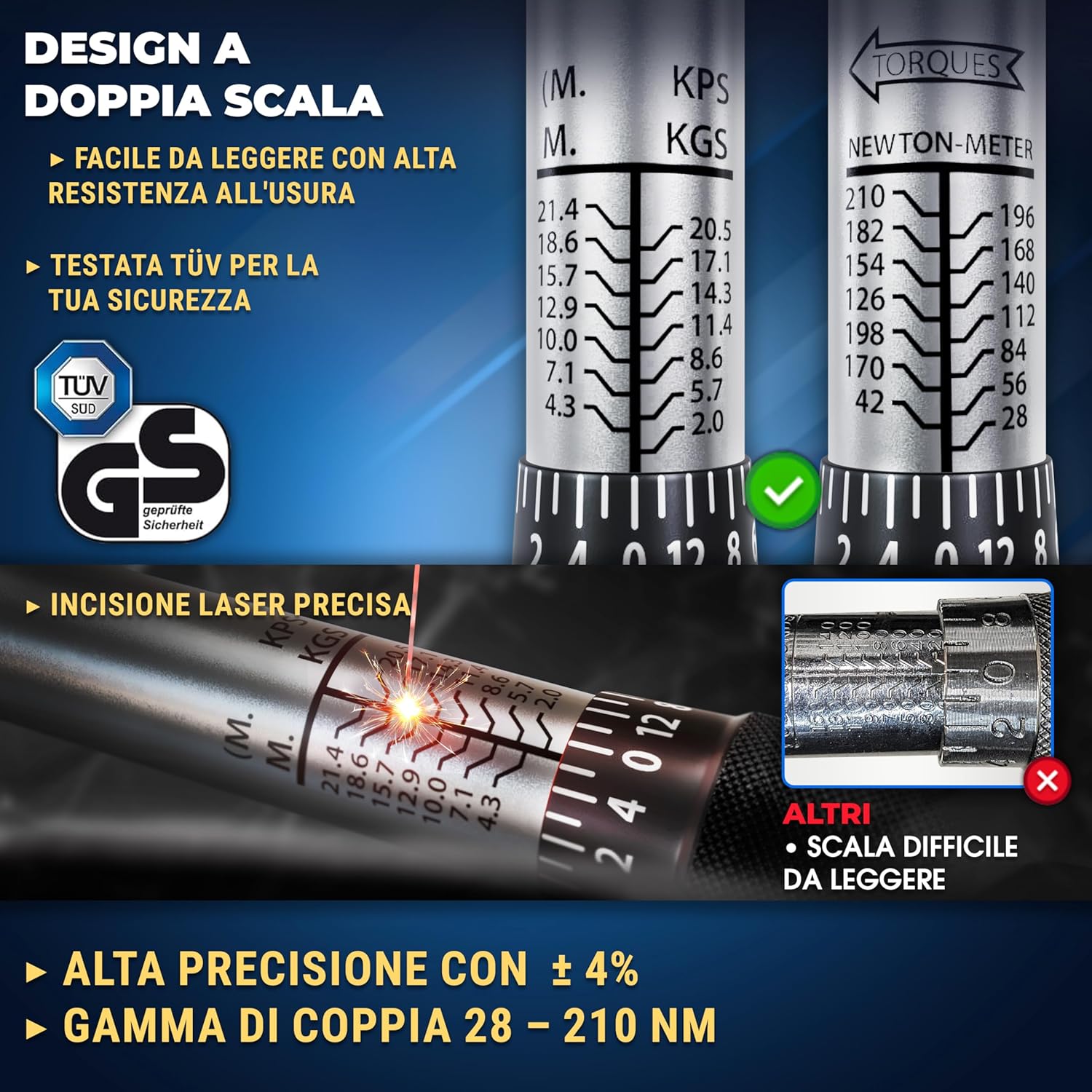 Thumbnail 5 de S&R Chiave Dinamometrica Auto 1/2 — Set completo 28–210 Nm con prolunga e bussole 17/19/21 mm (47,5 cm) in custodia