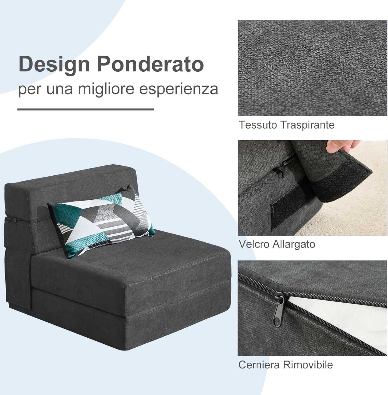 Detalle de ANONER Divano letto pieghevole 70 x 190 cm: memory foam e coperture lavabili per piccoli spazi