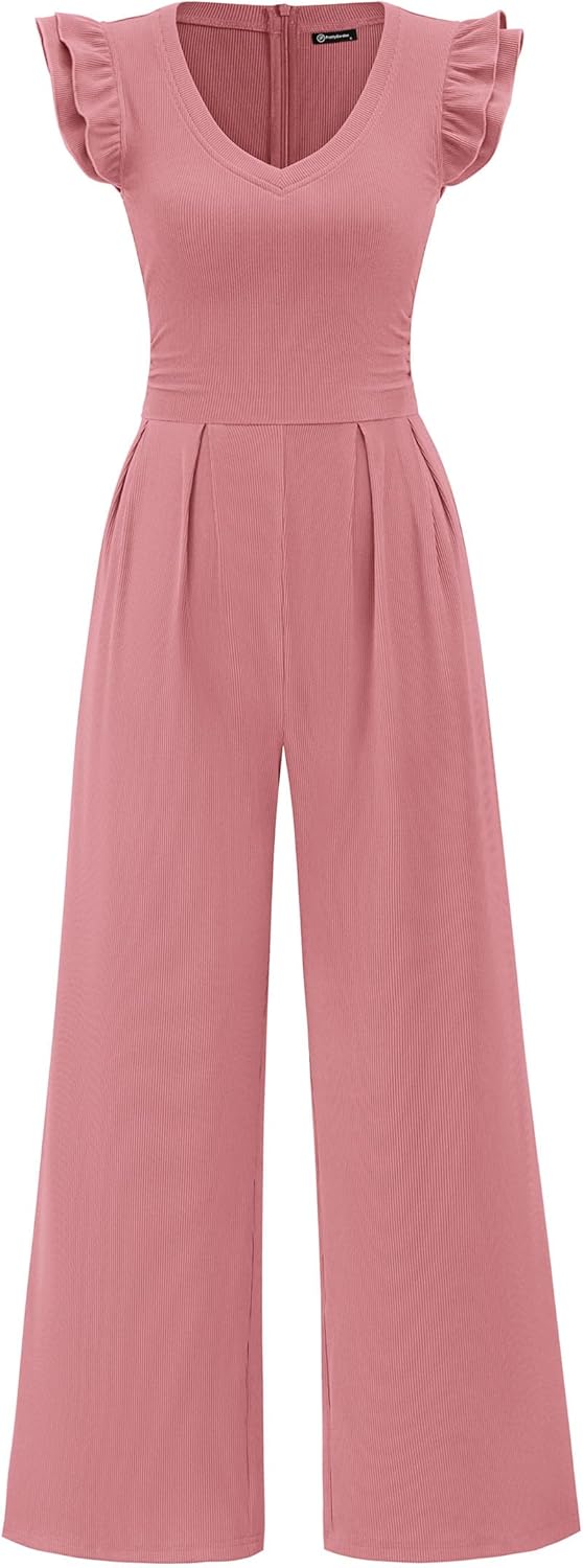Detalle de PRETTYGARDEN One Piece Jumpsuits for Women — Ribbed Knit, V-Neck, Wide-Leg Romper