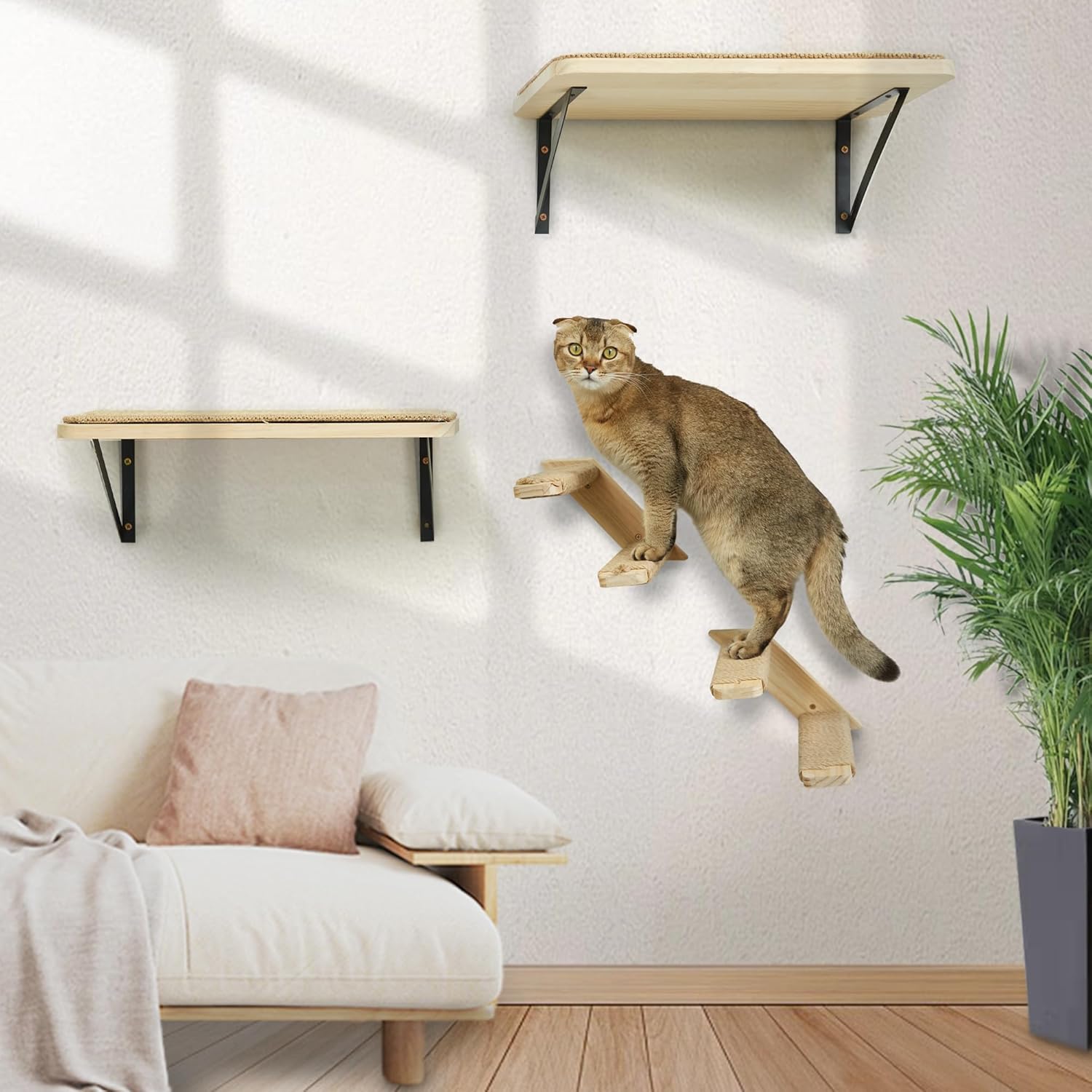 Thumbnail 6 de Cat Climbing Shelves wall mounted cat furniture set with wooden cats and 2 steps