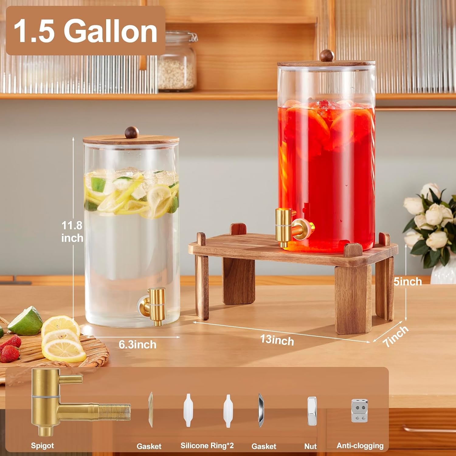 Thumbnail 1 de 2-Pack Glass Beverage Dispenser with Wood Stand — 1.5 Gallon Each