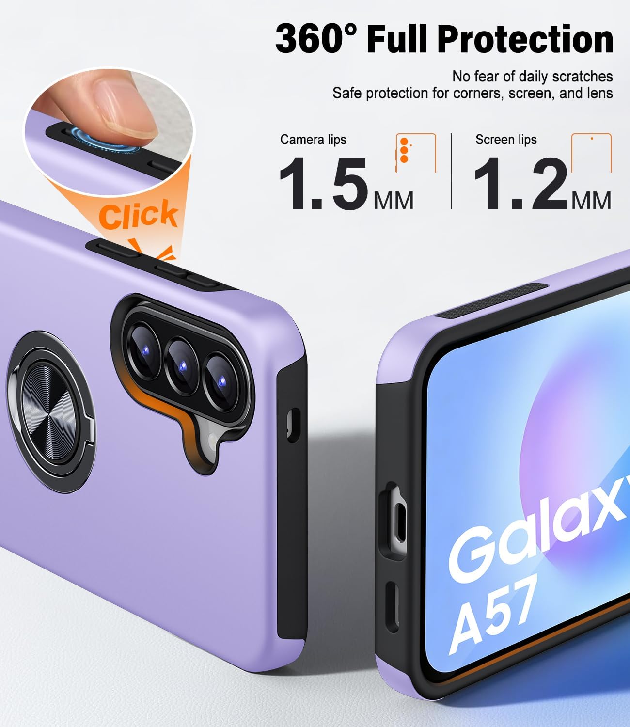 Detalle de AOUIA Galaxy A57 5G case with 2 screen protectors, purple – shockproof with 360° rotating ring kickstand
