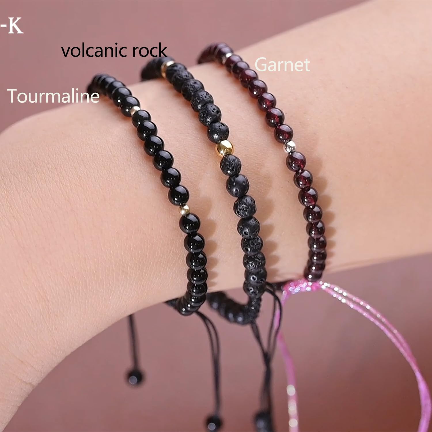 Detalle de Apocalyptic-K Damen-Armband mit natürlichen Edelsteinen – 925er Sterlingsilber, 4/6 mm, handgewebt