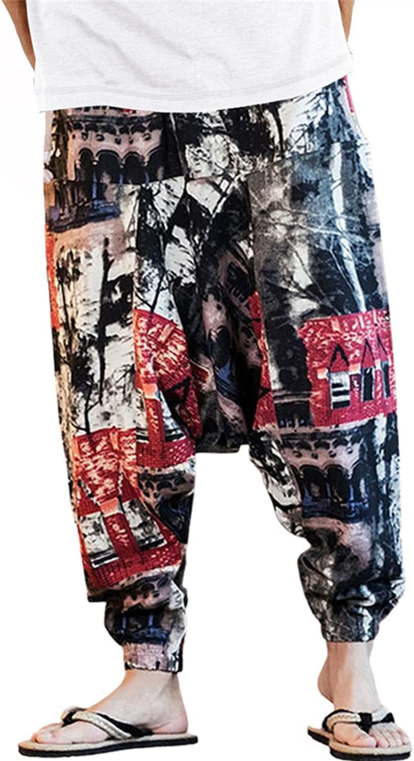 Detalle 2 de perdontoo Mens Casual Harem Pants with Fancy Print – Elastic Waist Wide-Leg Trousers