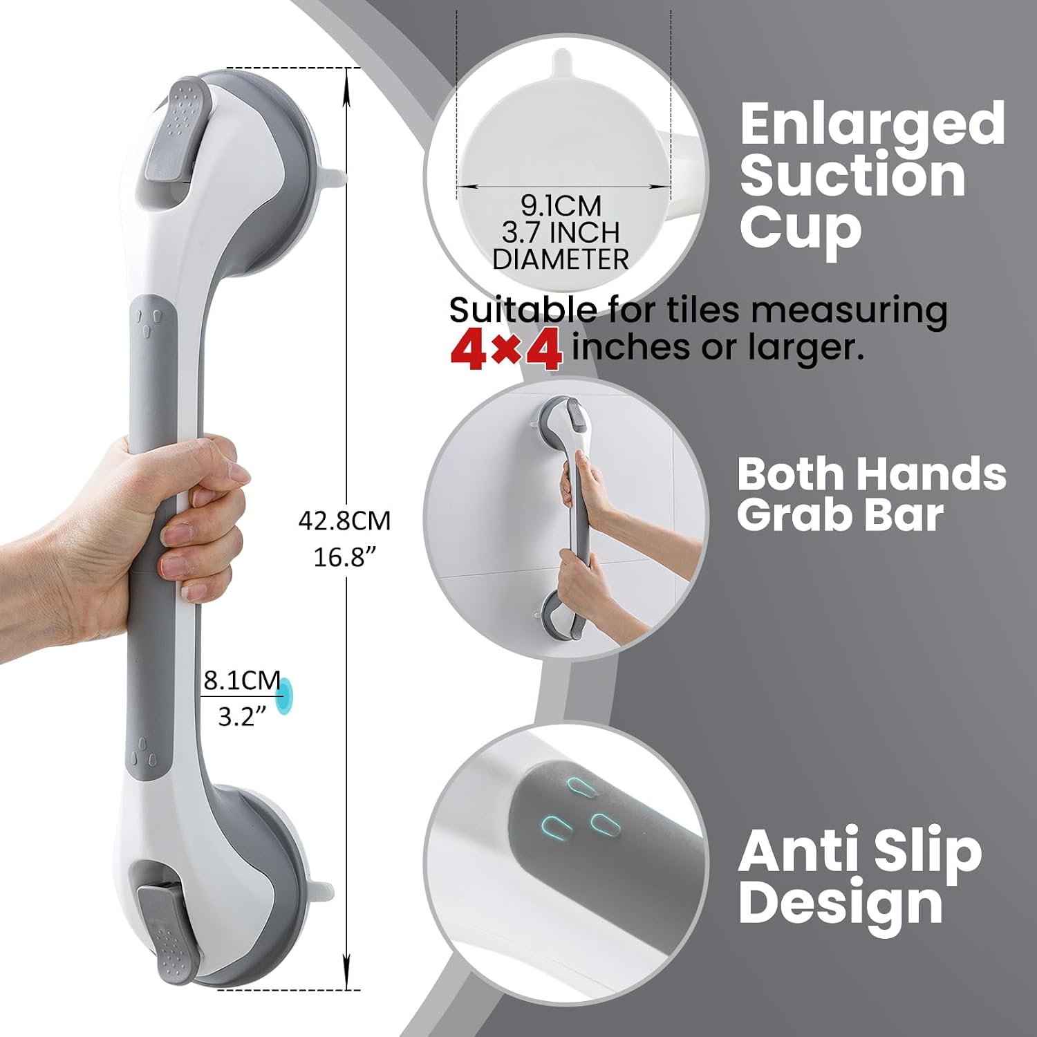 Thumbnail 3 de TAILI 43 cm Suction Grab Rail for Bathroom – No-Drill Bath Safety Handle with 110 kg Hold