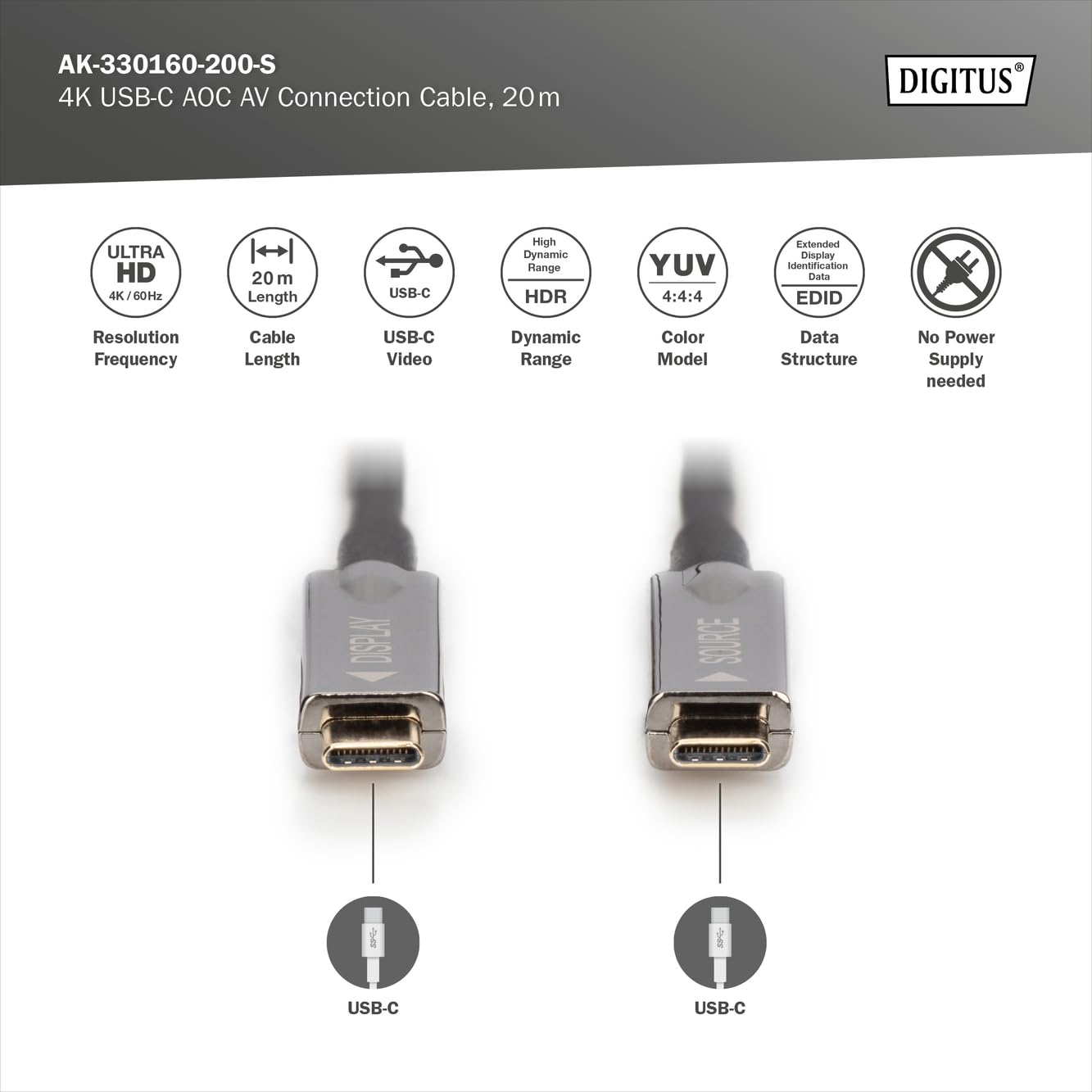 Detalle de DIGITUS kabel światłowodowy USB-C 20 m, 4K 60 Hz, DisplayPort 1.2