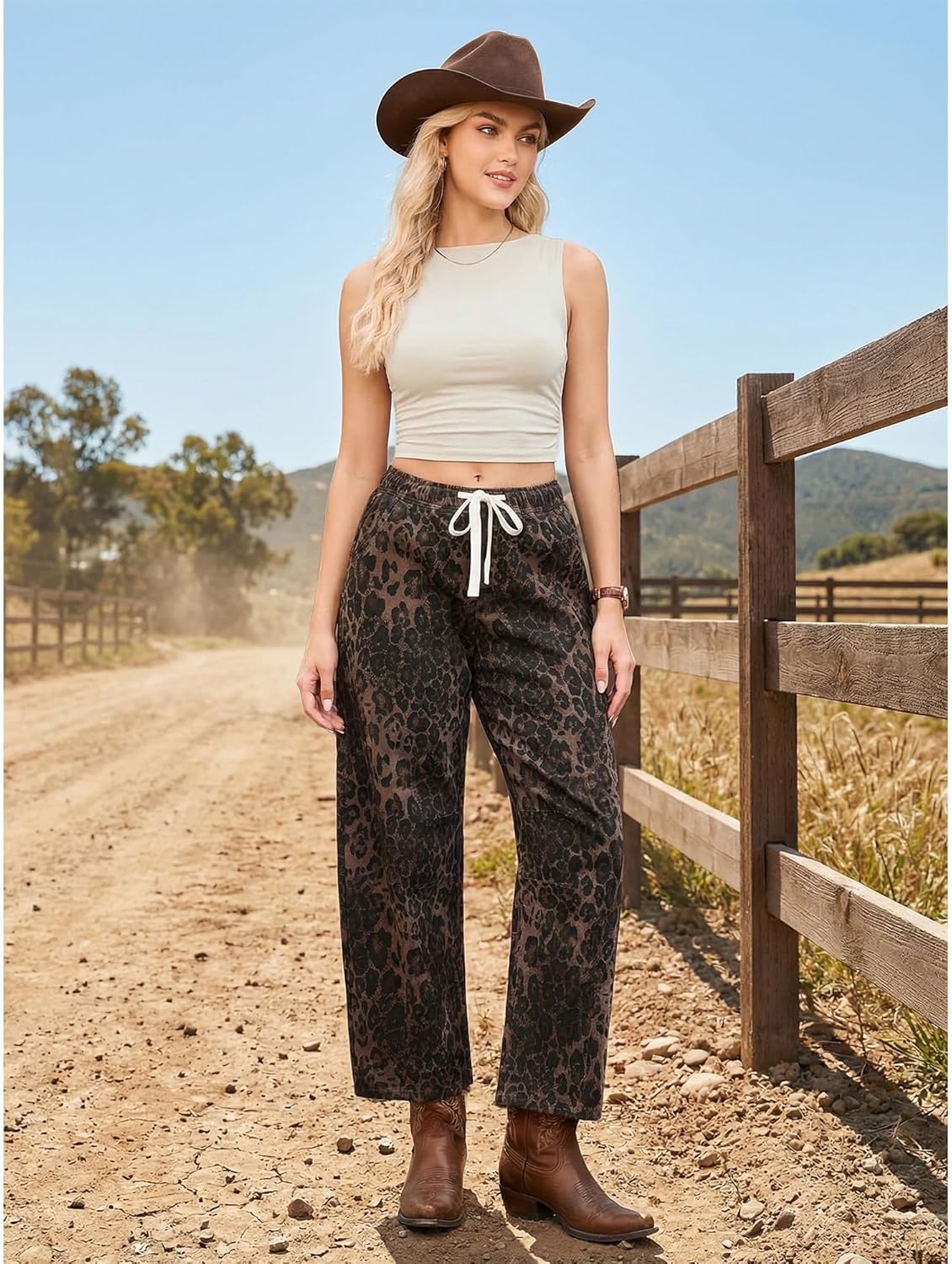 Thumbnail 6 de GRAPENT Barrel Jeans for Women: High-Waisted Pull-On Cropped Wide-Leg Leopard Print