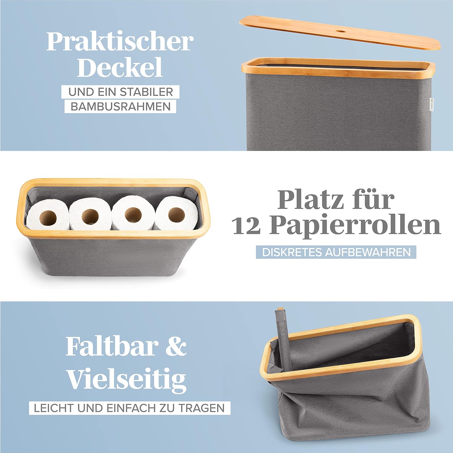 Thumbnail 1 de LONBET Toilettenpapier-Aufbewahrungsbox mit Deckel aus Bambus (für 12 Rollen), grau, stapelbar