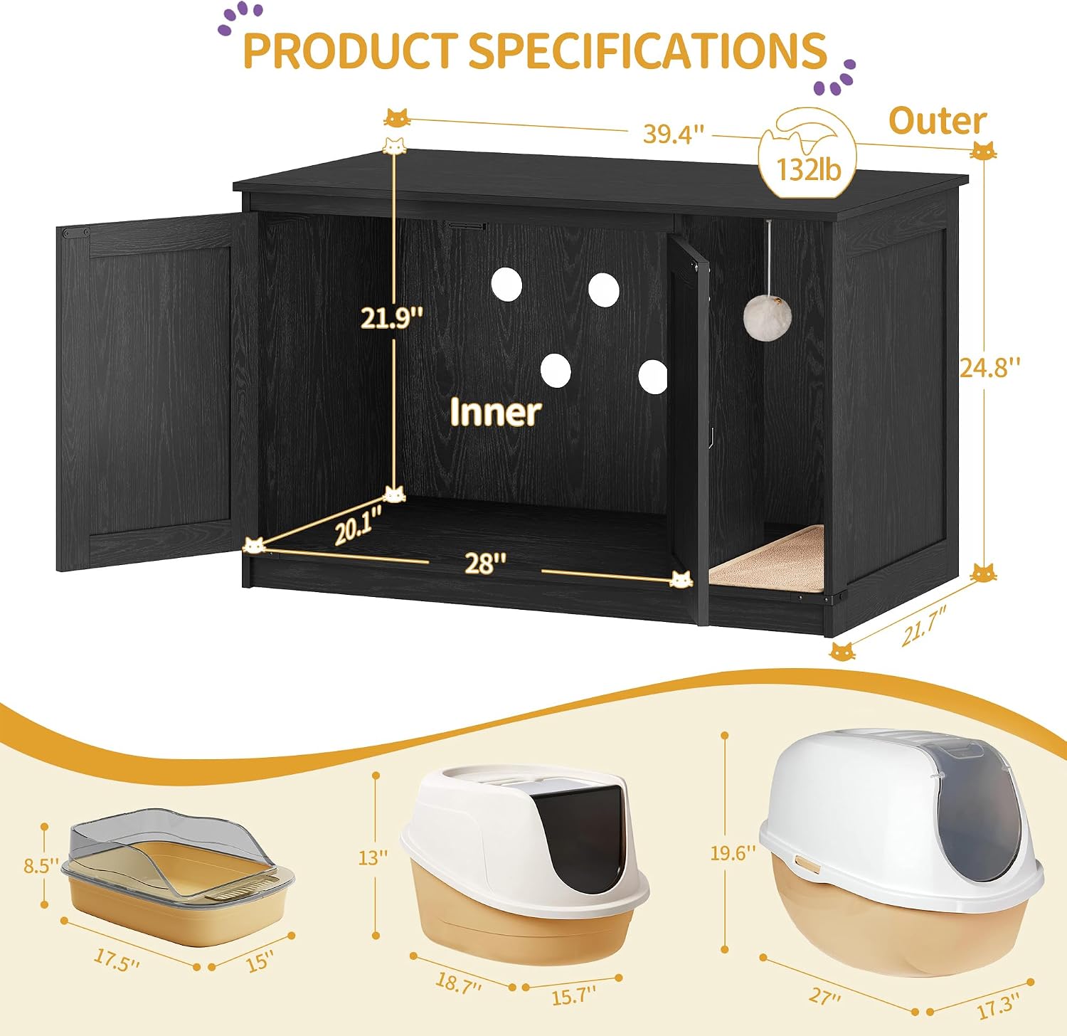 Detalle 2 de Hzuaneri CB85204X Cat Litter Box Enclosure, Black Farmhouse Cabinet