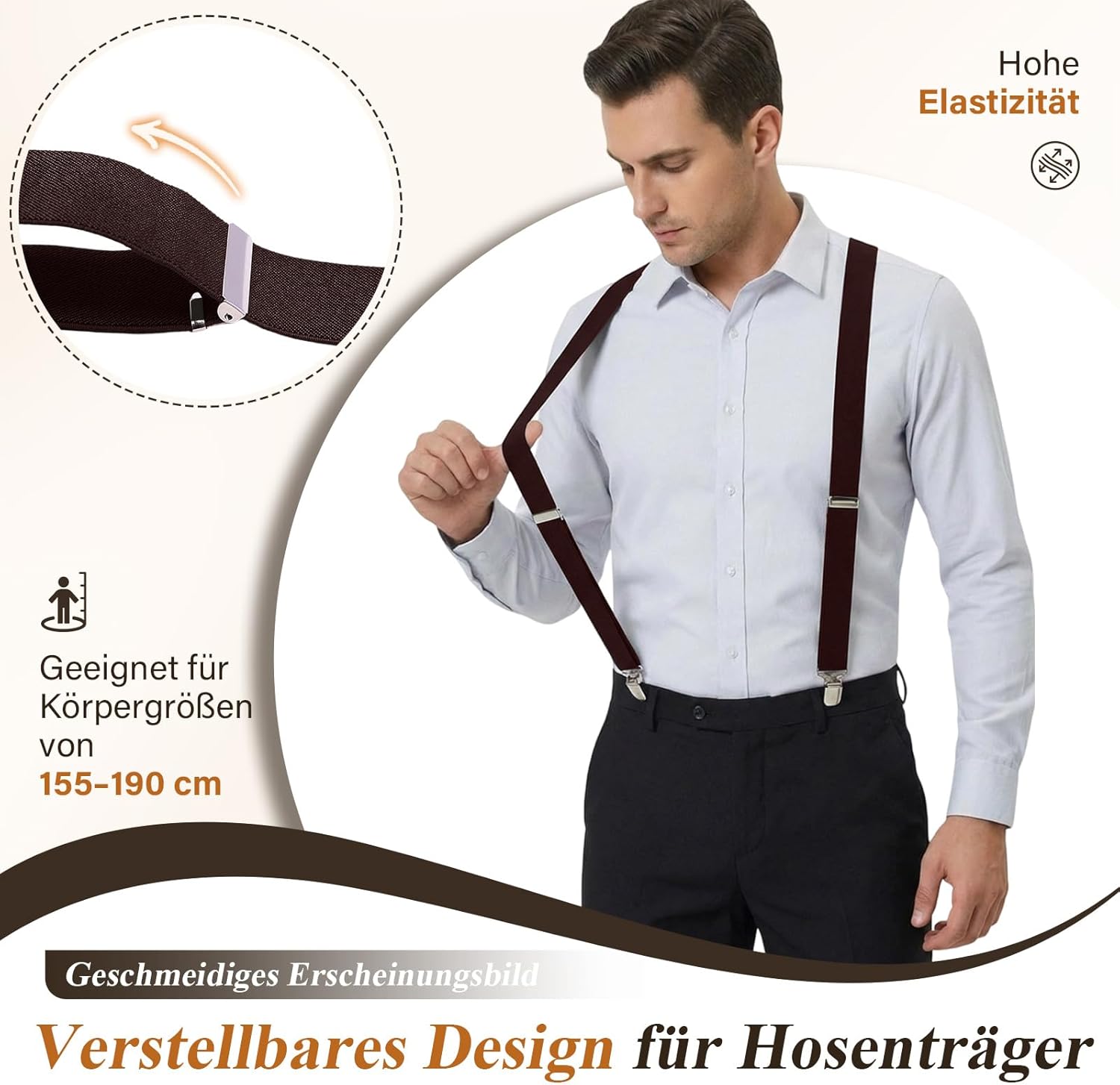Detalle 1 de KANGDAI Herren Hosenträger mit 4 Clips aus echtem Leder und elastischen Trägern