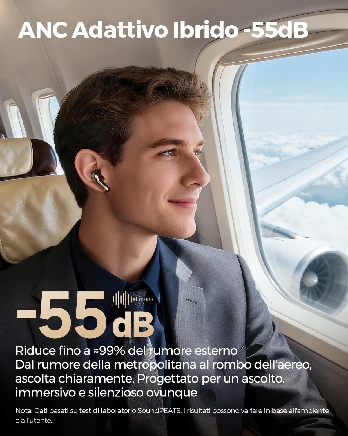 Detalle de SoundPEATS Air5 Pro+: cuffie Bluetooth 5.4 con ANC 55 dB, driver ibrido xMEMS + 10 mm e Hi-Res