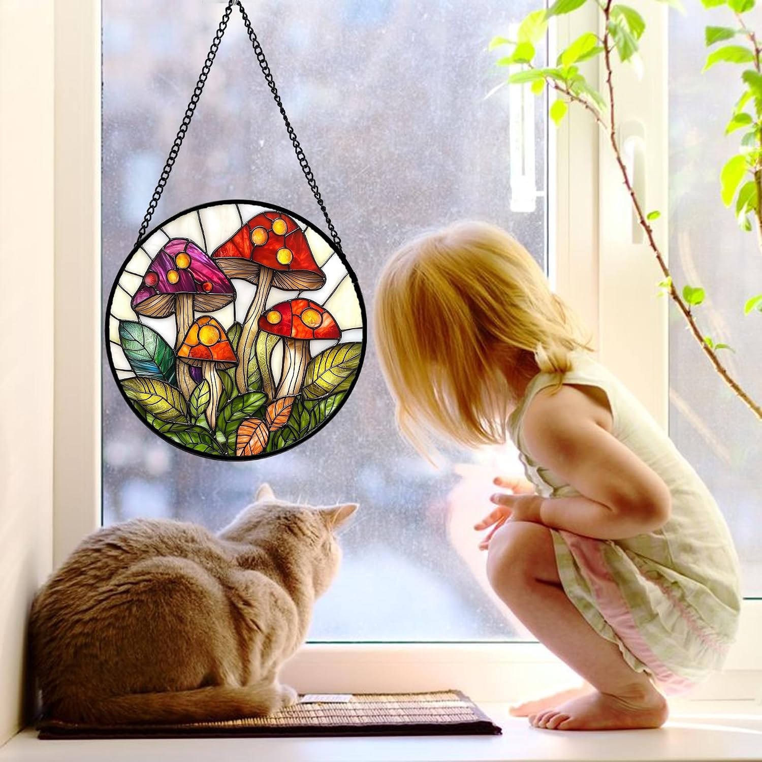 Detalle de DASTOLL Mushroom Leaves Glass Suncatcher, 9.8-Inch Window Hanging