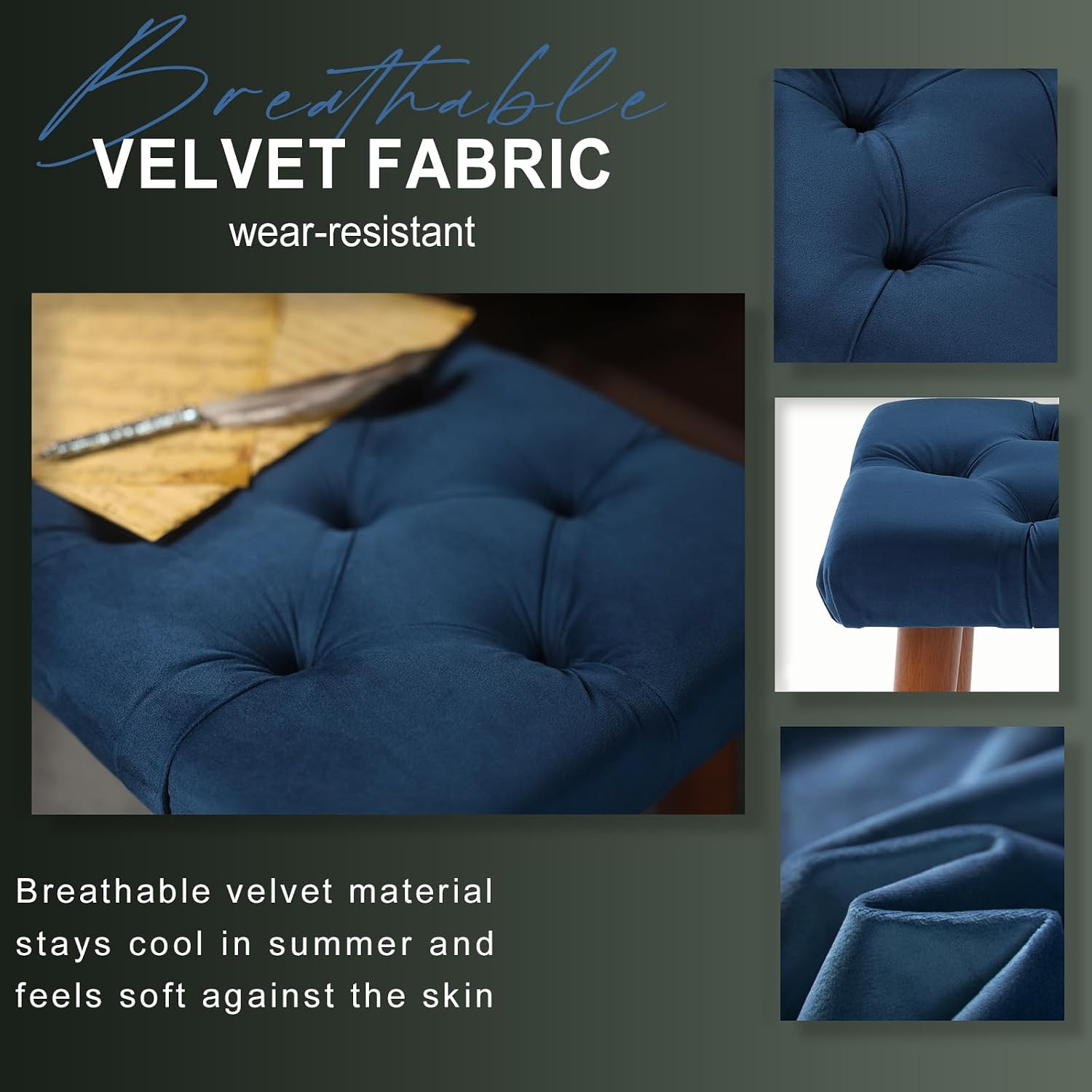 Detalle 2 de AKLOT Piano Bench, Velvet Upholstery, Rubberwood Legs, 300-Pound Capacity