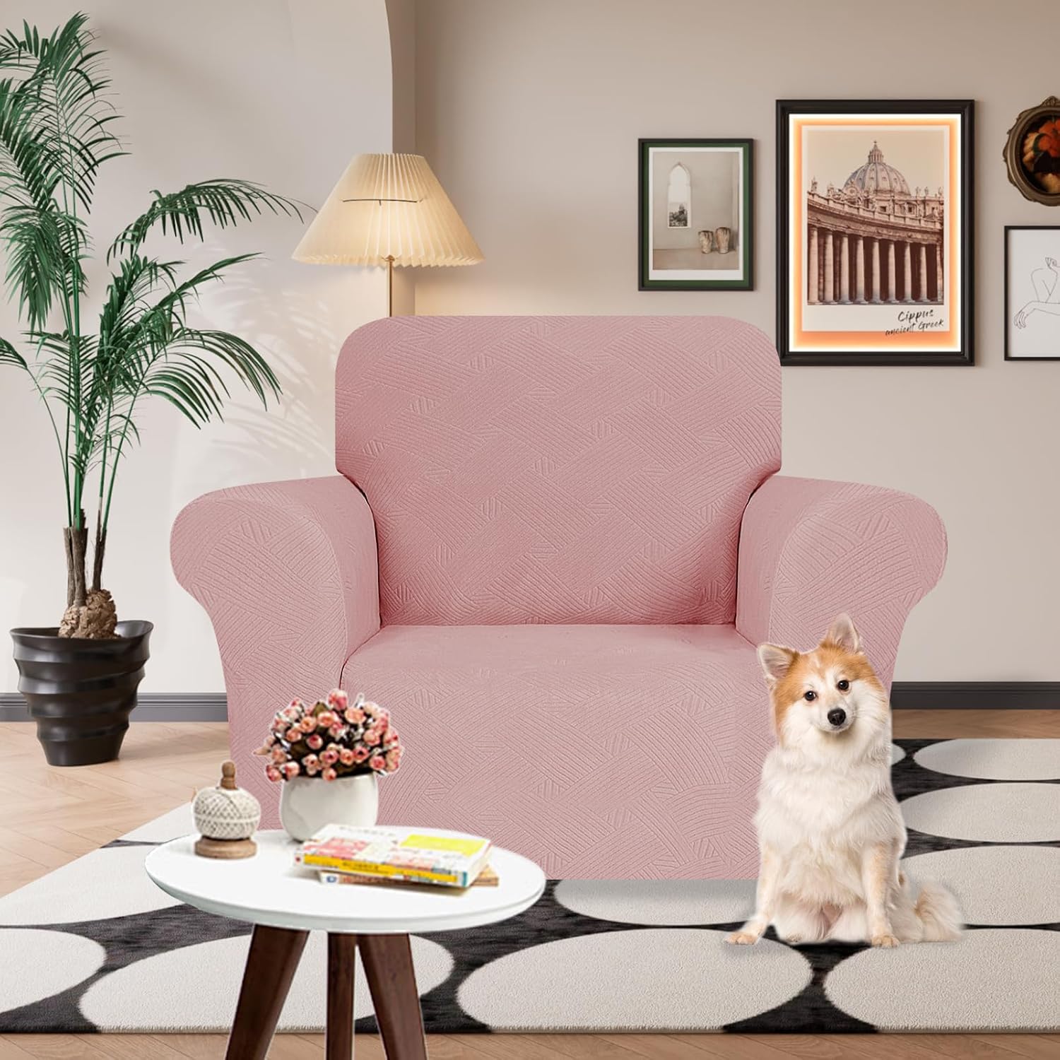 Detalle 2 de YSTELLAA Housse de fauteuil 1 place avec accoudoirs, motif géométrique rosé – antidérapante et extensible