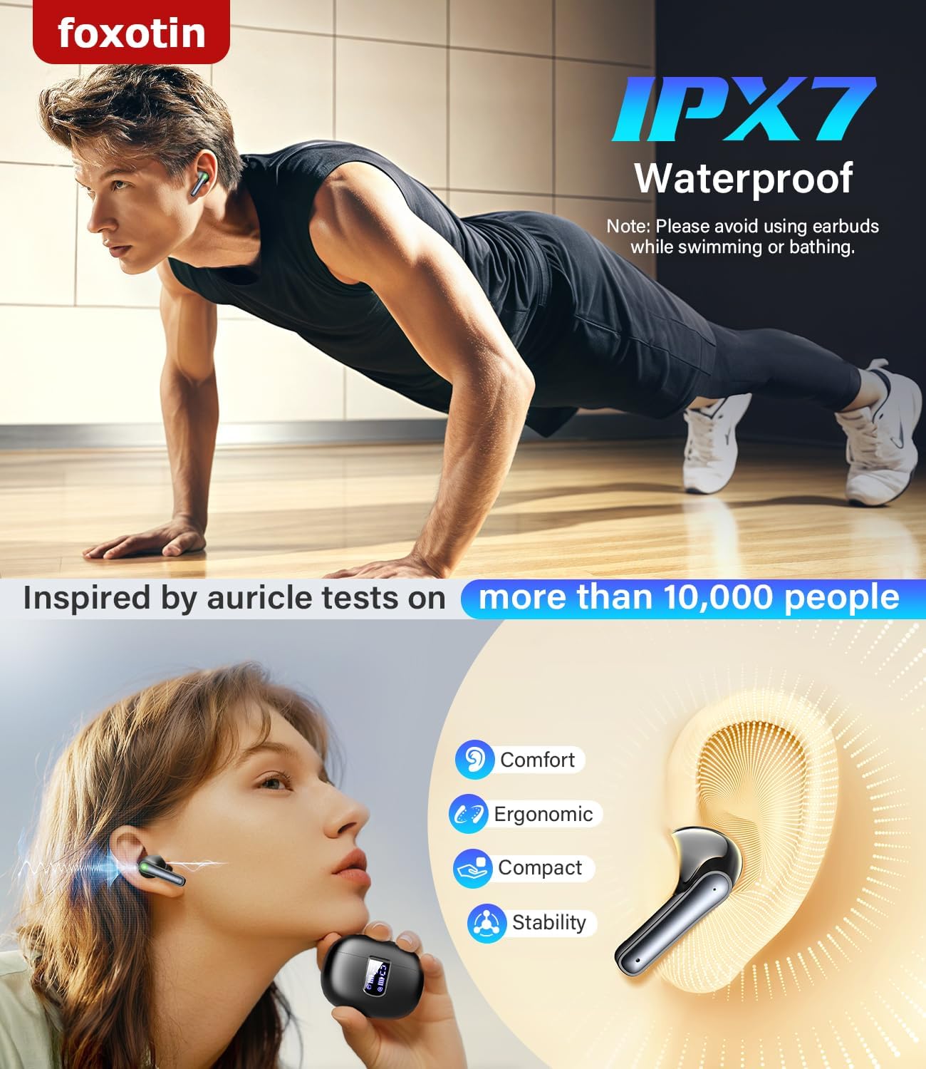 Detalle 2 de foxotin Ear Buds Wireless Earbuds — Bluetooth 5.3, IP7, 48H Playback, LED Charging Case