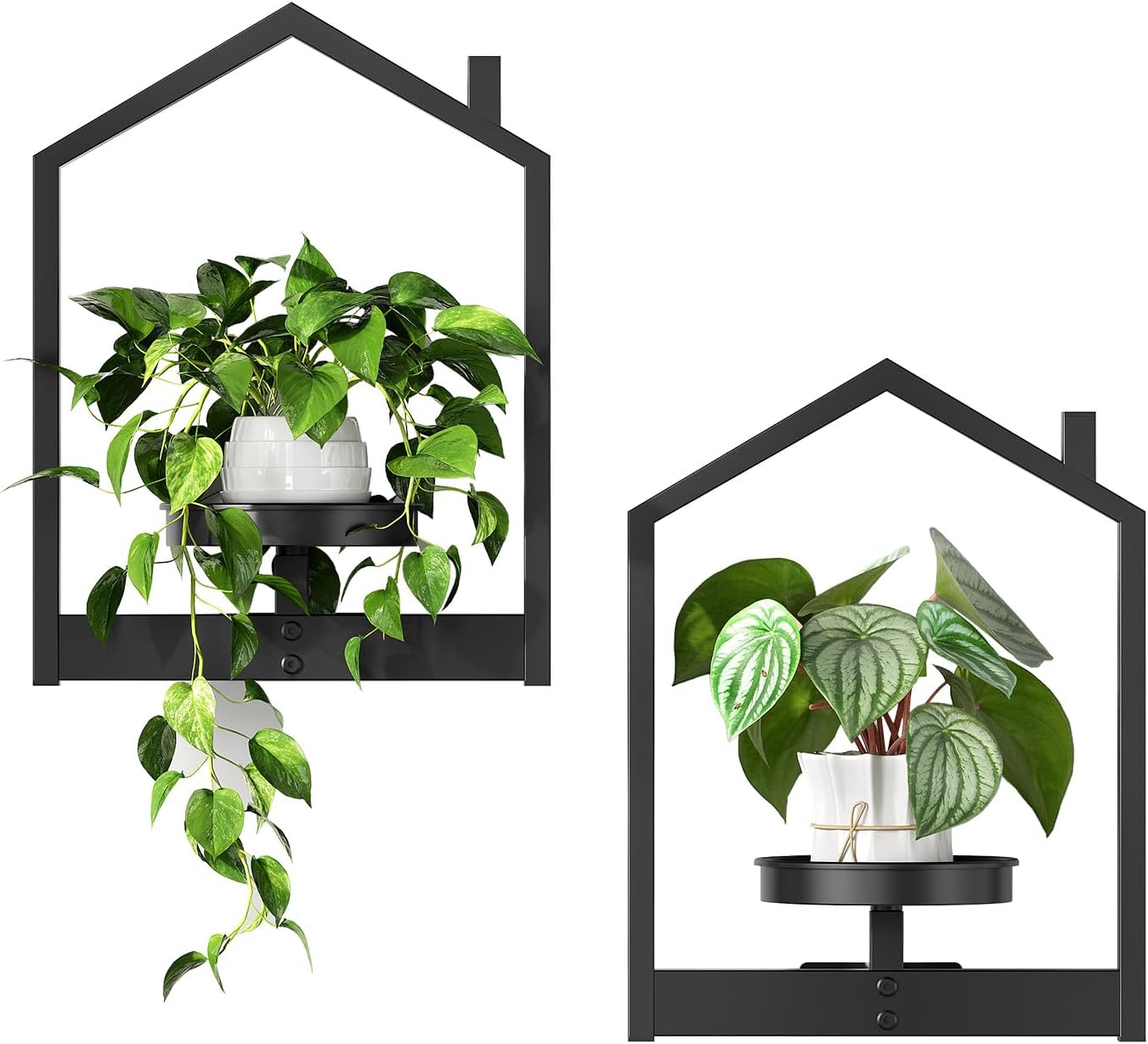 Detalle de HOOBRO Porta Piante da Interno da Parete con Vassoio Rimovibile — Mini Casetta in Metallo Nero per Decorare Pareti