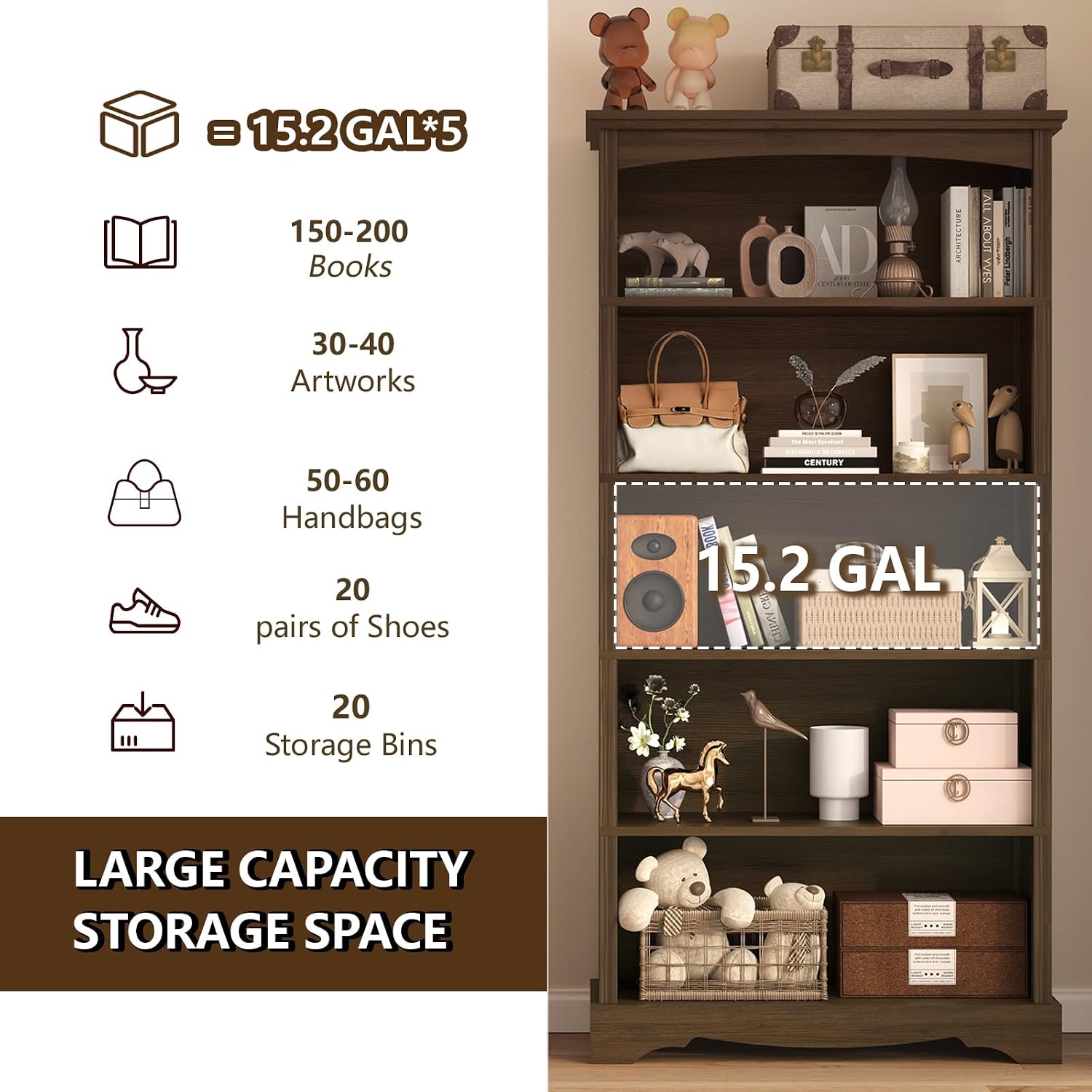 Thumbnail 3 de TVU 5-Tier Wooden Bookshelf (Brown) – Tall, Sturdy Floor-Standing Display with 5 Shelves