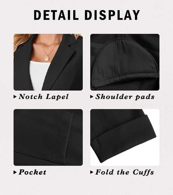 Detalle de GRECERELLE Women's 3/4-Sleeve Blazer with Padded Shoulders and Pockets