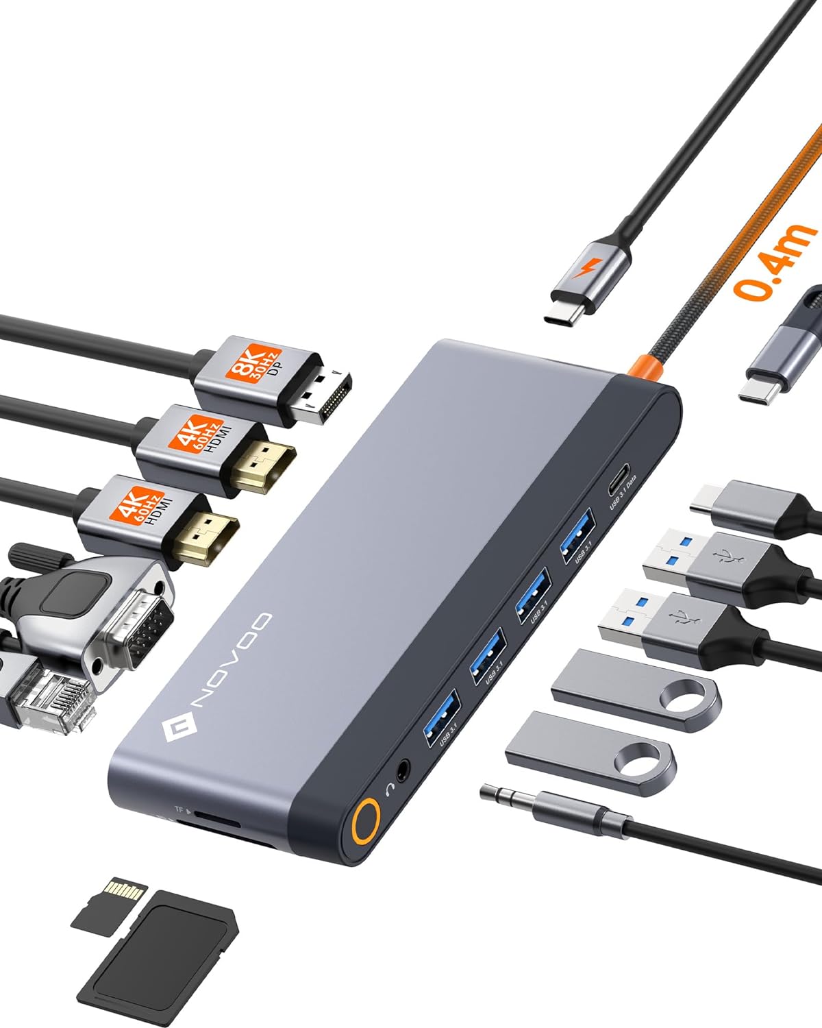 Detalle de NOVOO USB C Quad Display Docking Station 14 in 1: docking multiporta per laptop con supporto DP 8K/4K, HDMI, VGA, USB, PD 100W e Ethernet
