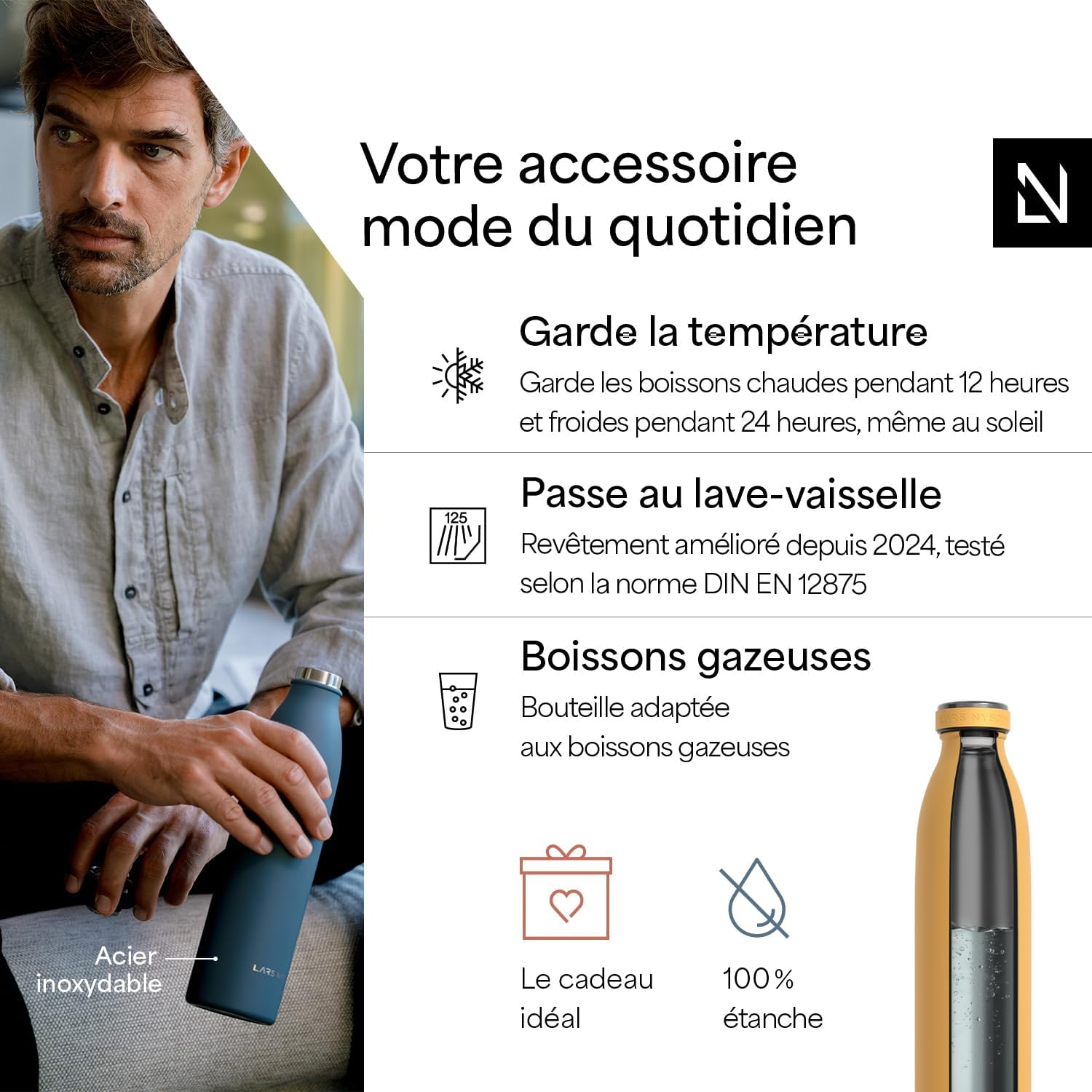 Detalle de LARS NYSØM gourde isotherme en acier inoxydable 750 ml (étanche) – Mustard Yellow