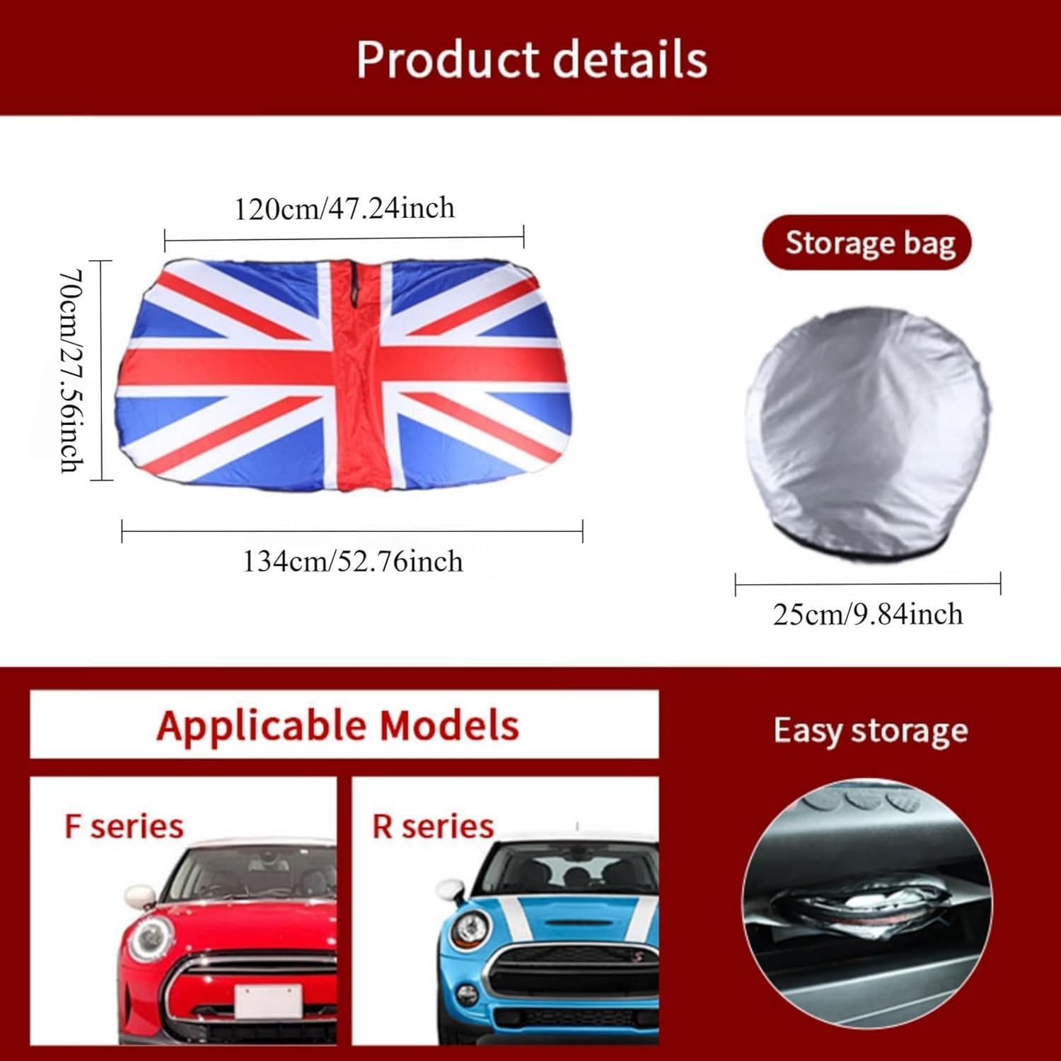Detalle de Mini Cooper windshield sun shade, 210T reflective fabric