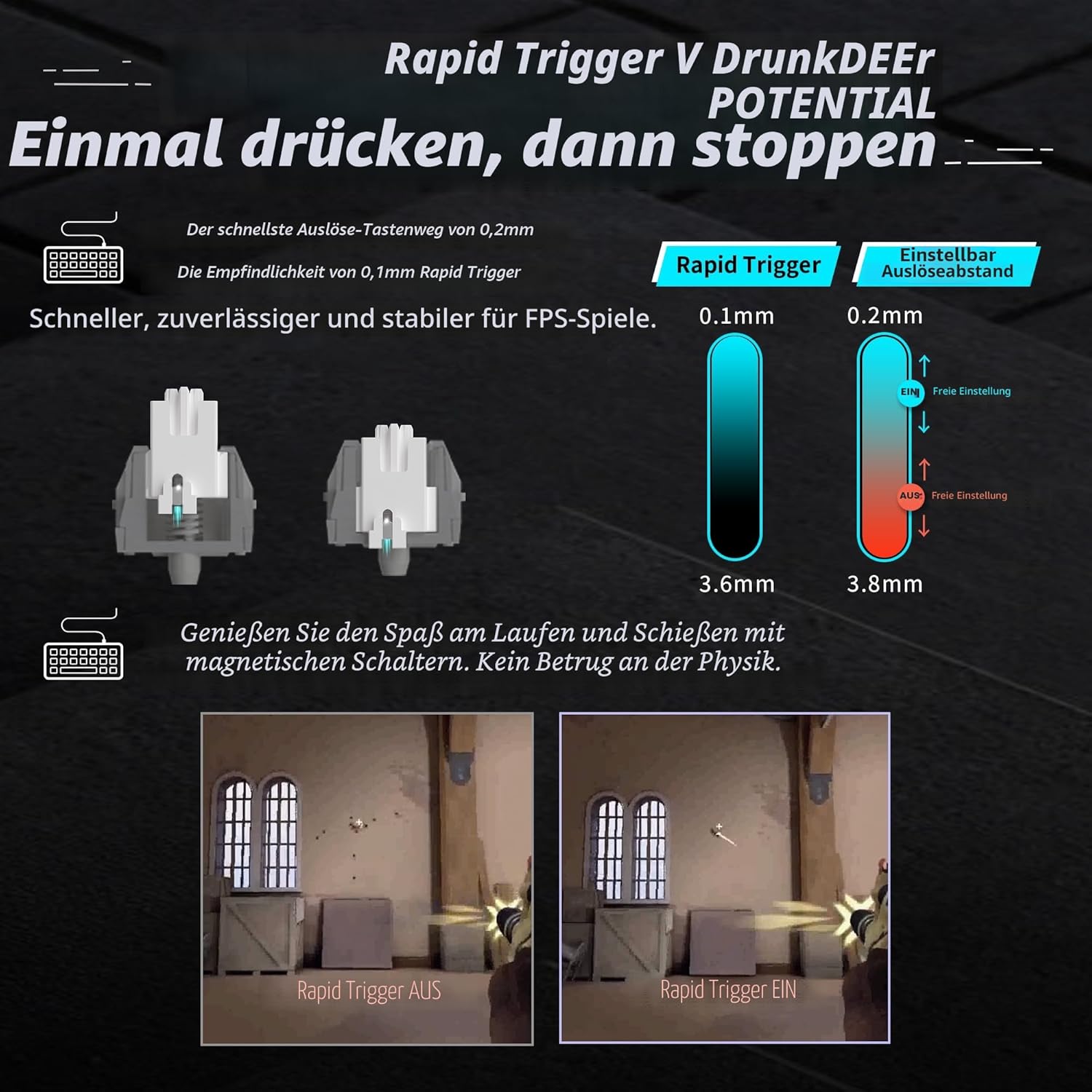 Detalle de DrunkDeer G60 Rapid Trigger mechanische Gaming-Tastatur (TKL, 60% Layout, Magnetschalter) – Weiß