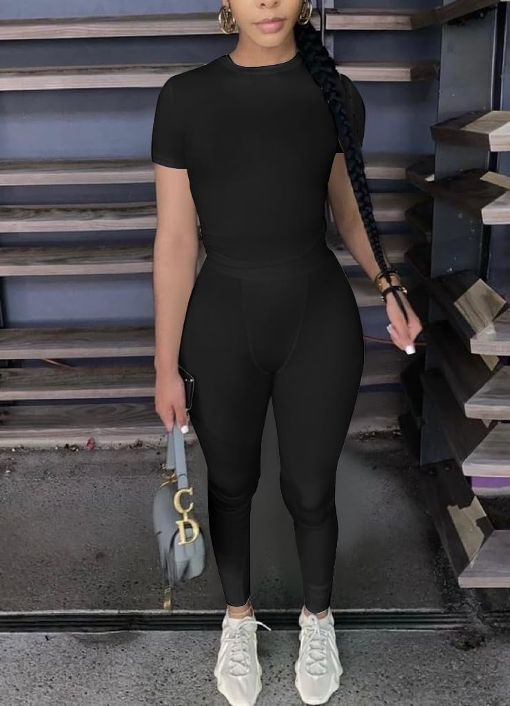 Thumbnail 2 de AYWA Two Piece Outfits for Women: Fitted Crew Neck T-Shirt & High Waist Leggings Set