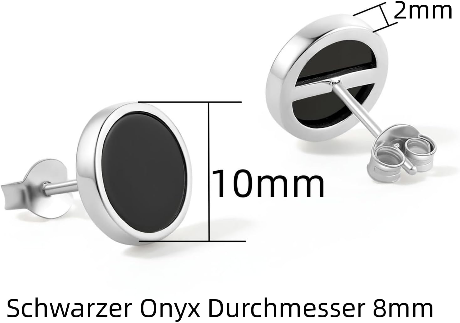 Detalle de 925 Sterling Silber Ohrringe Schwarz Achat – Runde Steinfassung, hypoallergen, für Damen und Herren