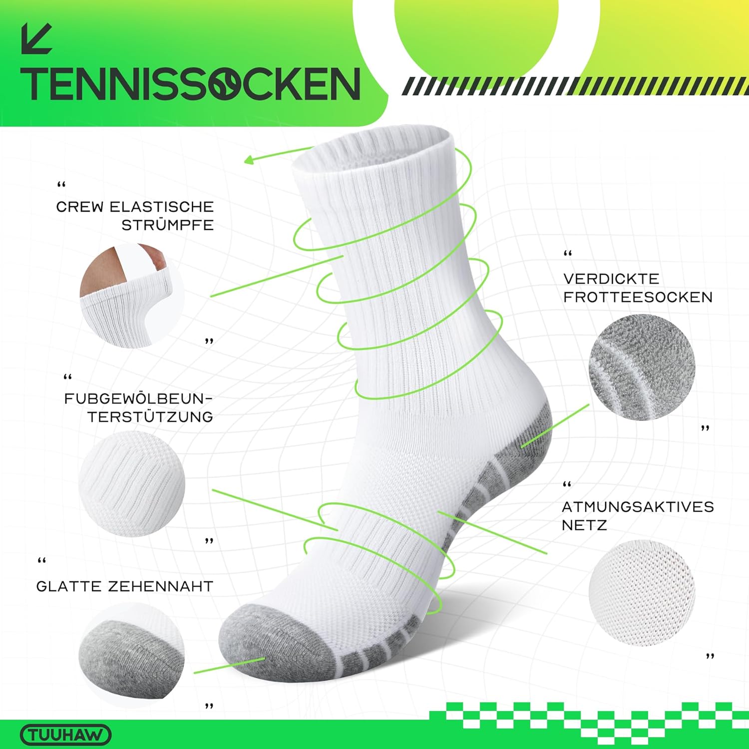 Detalle de TUUHAW 6 Paar Socken – Herren & Damen, atmungsaktive Baumwoll-SportSocken (Schwarz/Weiß/Grau)