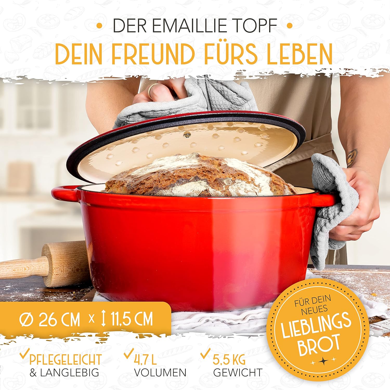 Detalle 2 de KRUSTENZAUBER Gusseisen Topf 26 cm inkl. Gärkorb – Emaille Brotbacktopf zum Brotbacken