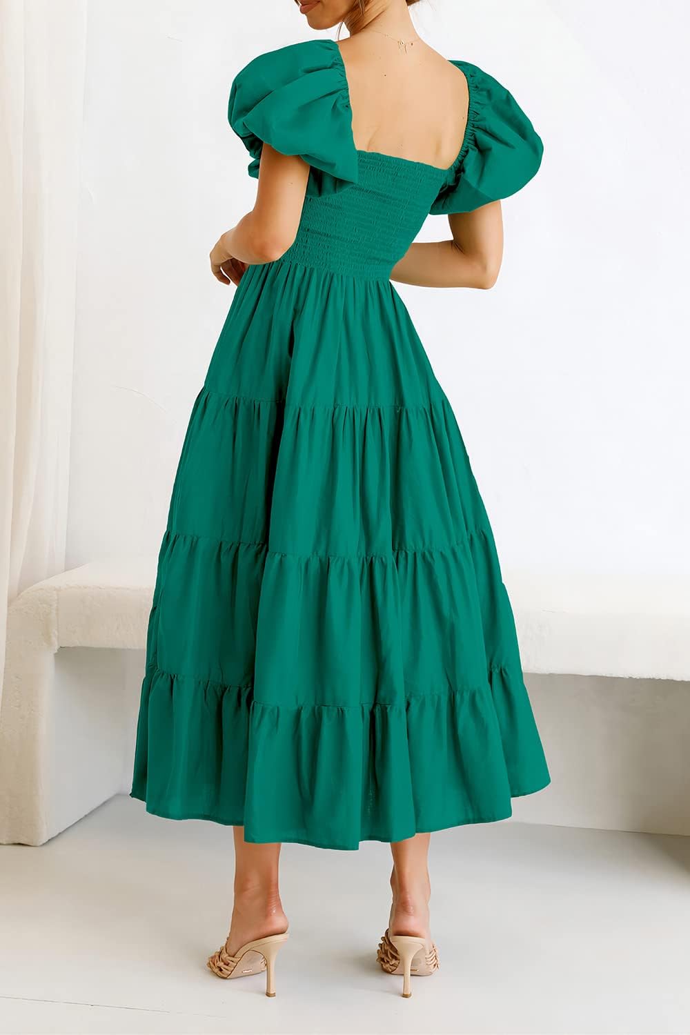Thumbnail 3 de PRETTYGARDEN Women's Casual Summer Midi Dress with Puffy Short Sleeves, Square Neck, Smocked Tiered Ruffle