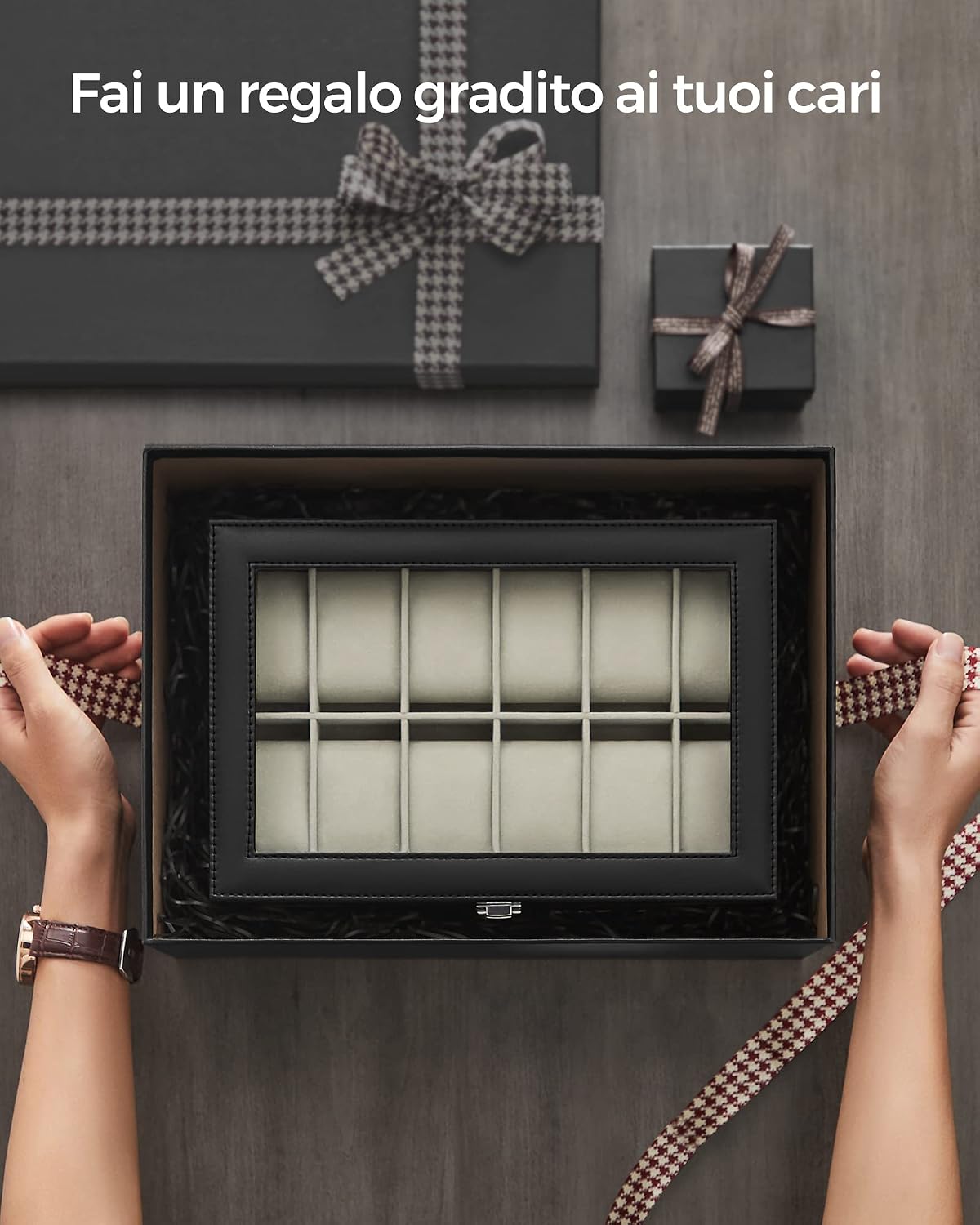 Thumbnail 6 de SONGMICS Scatola Porta Orologi con 12 Scomparti – Cofanetto elegante con coperchio in vetro e fodera in velluto beige