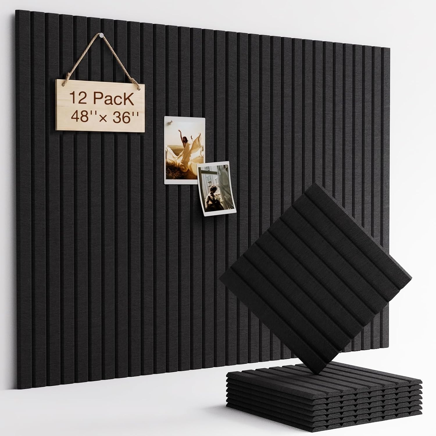 Detalle de Woovio Felt Bulletin Board, 12-Pack Black Wall Tiles with 60 Adhesive Tabs