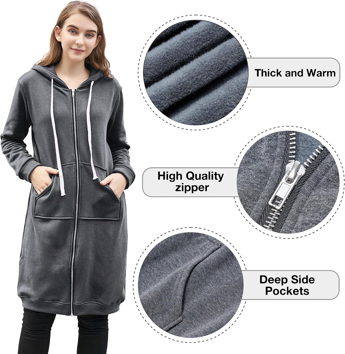 Detalle de Reimferce Women's Long Zip-Up Hoodie, Red Polyester Tunic with Pockets