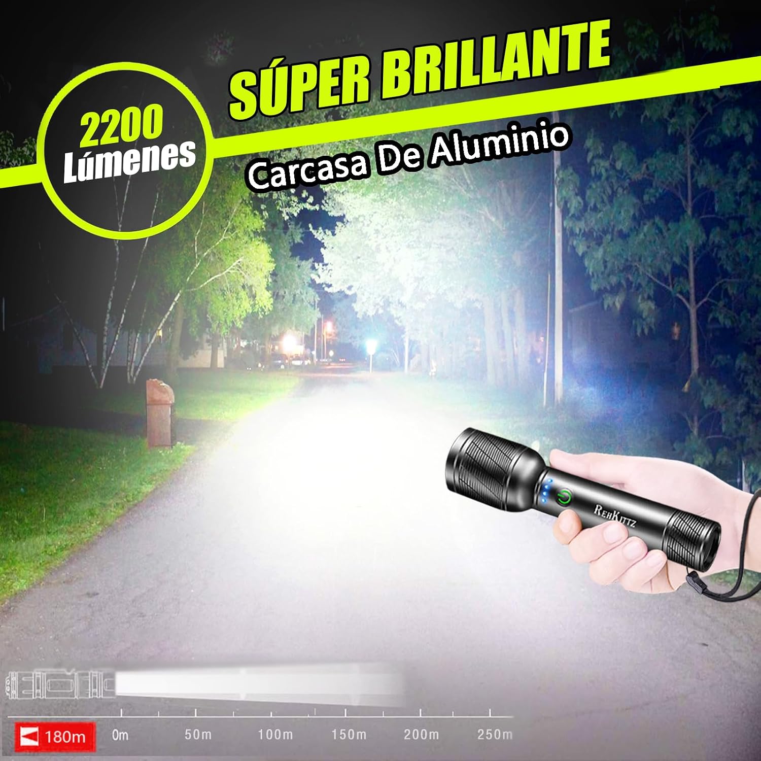 Detalle 2 de REHKITTZ Linterna LED Recargable 2200 lúmenes