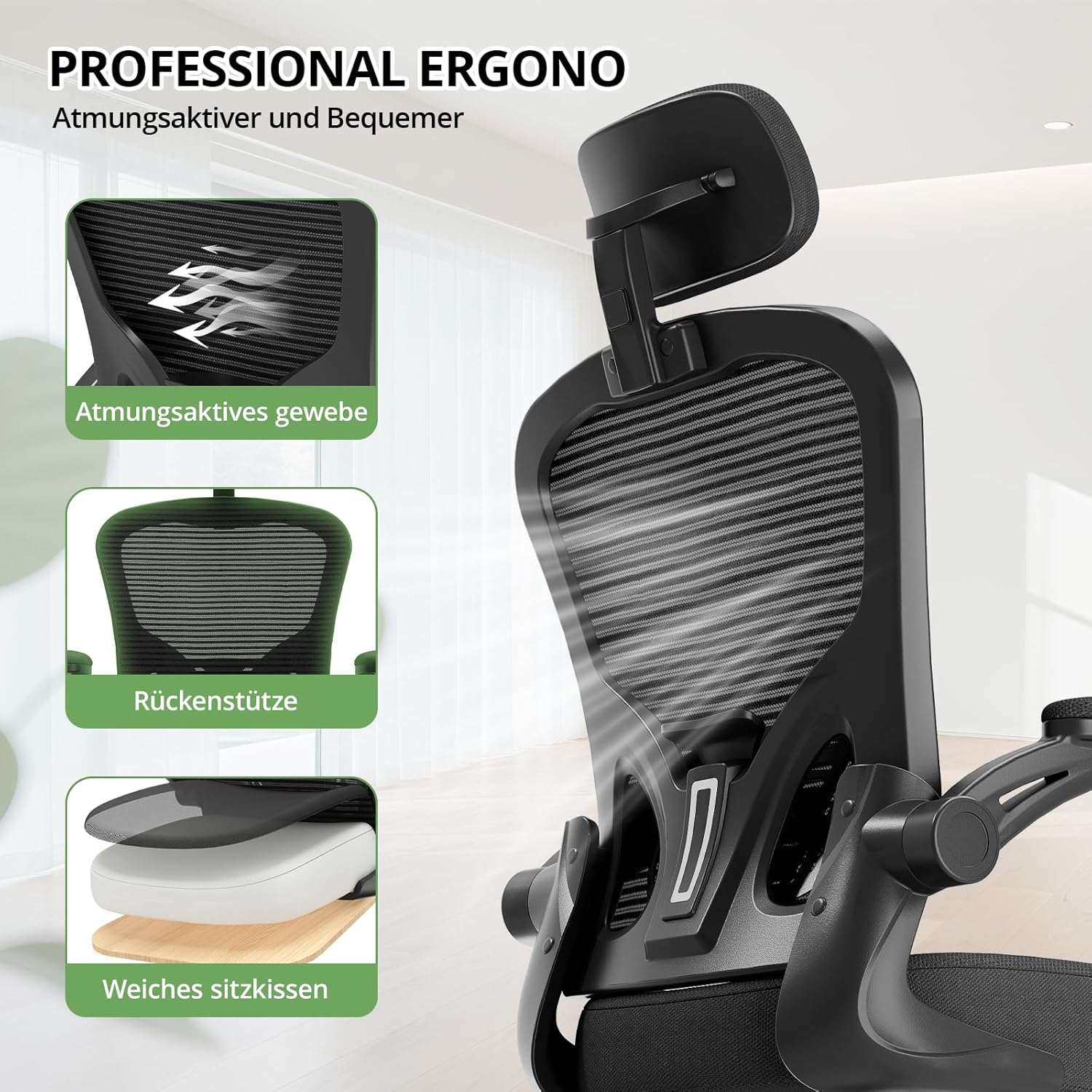Thumbnail 5 de Synorla ergonomischer Bürostuhl mit Lordosenstütze, 150-kg-Tragkraft und 360°-Drehfunktion (Schwarz)