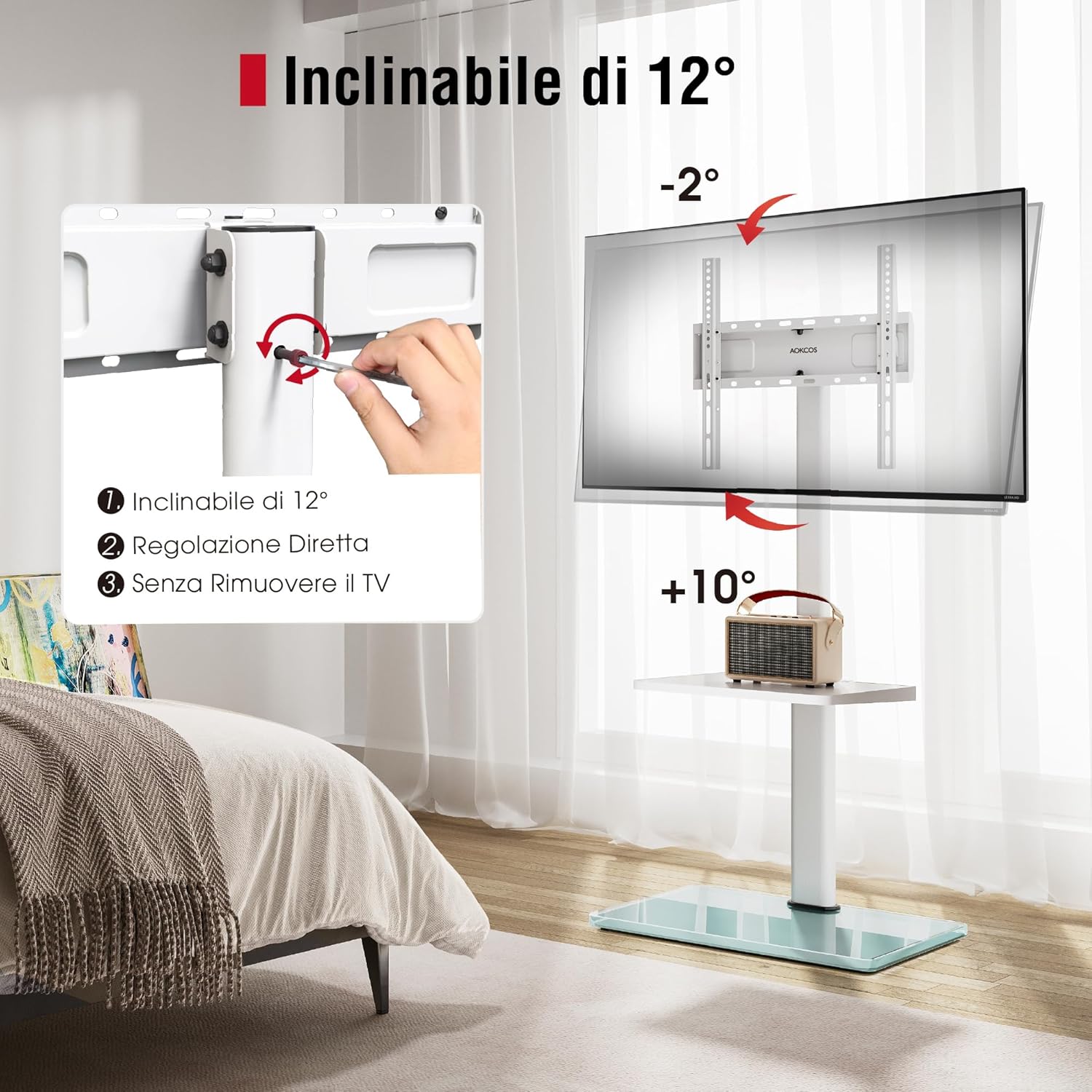 Detalle de AOKCOS Supporto TV da Pavimento inclinabile per 32–70'' | Altezza regolabile, 12° di inclinazione, girevole, vesa 400x400 mm