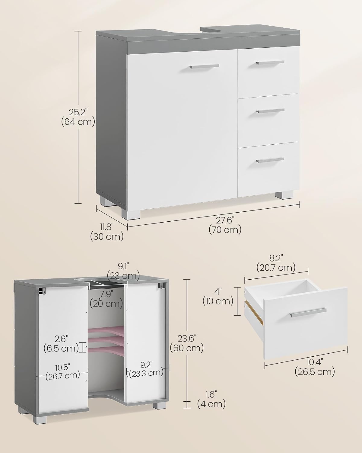 Thumbnail 2 de VASAGLE Under Sink Bathroom Cabinet BBK504W02 — 3 Drawers, 2 Compartments, Cloud White and Dove Grey