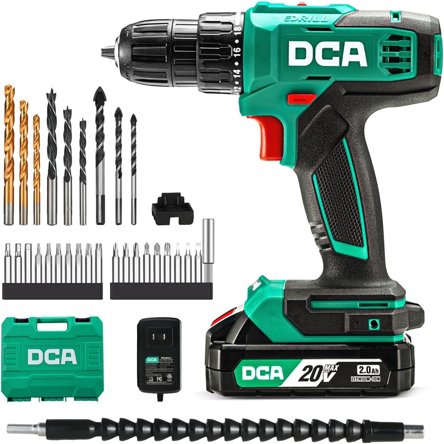 Detalle de DCA Akku-Bohrschrauber-Set ADJZ2035 (20V, 40 Nm, 10 mm Schnellspannfutter, 18+1 Stufen) – 25-teilig mit 2,0Ah Akku