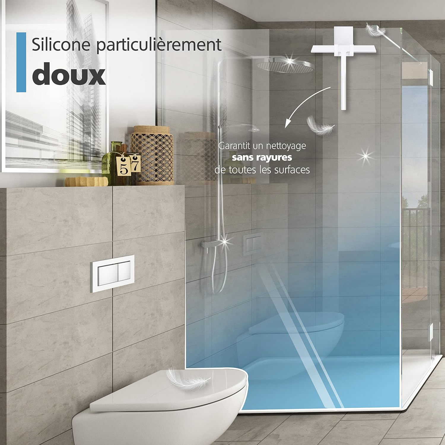 Detalle de Virea raclette de douche en silicone blanc (largeur 23 cm) avec suspension