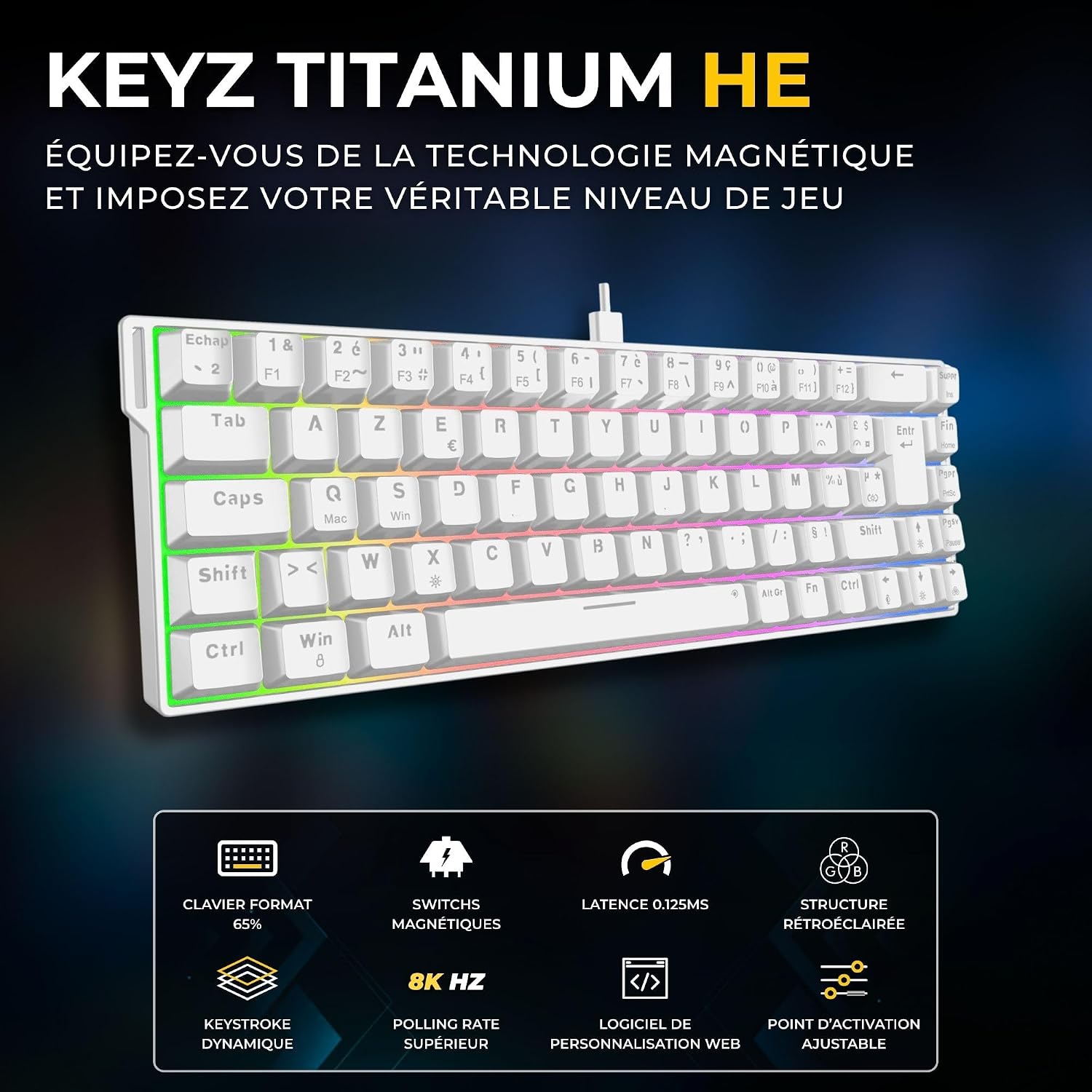 Detalle 2 de THE G-LAB KEYZ-TITAN-HE-W/FR – biała klawiatura magnetyczna 65% Hot Swap
